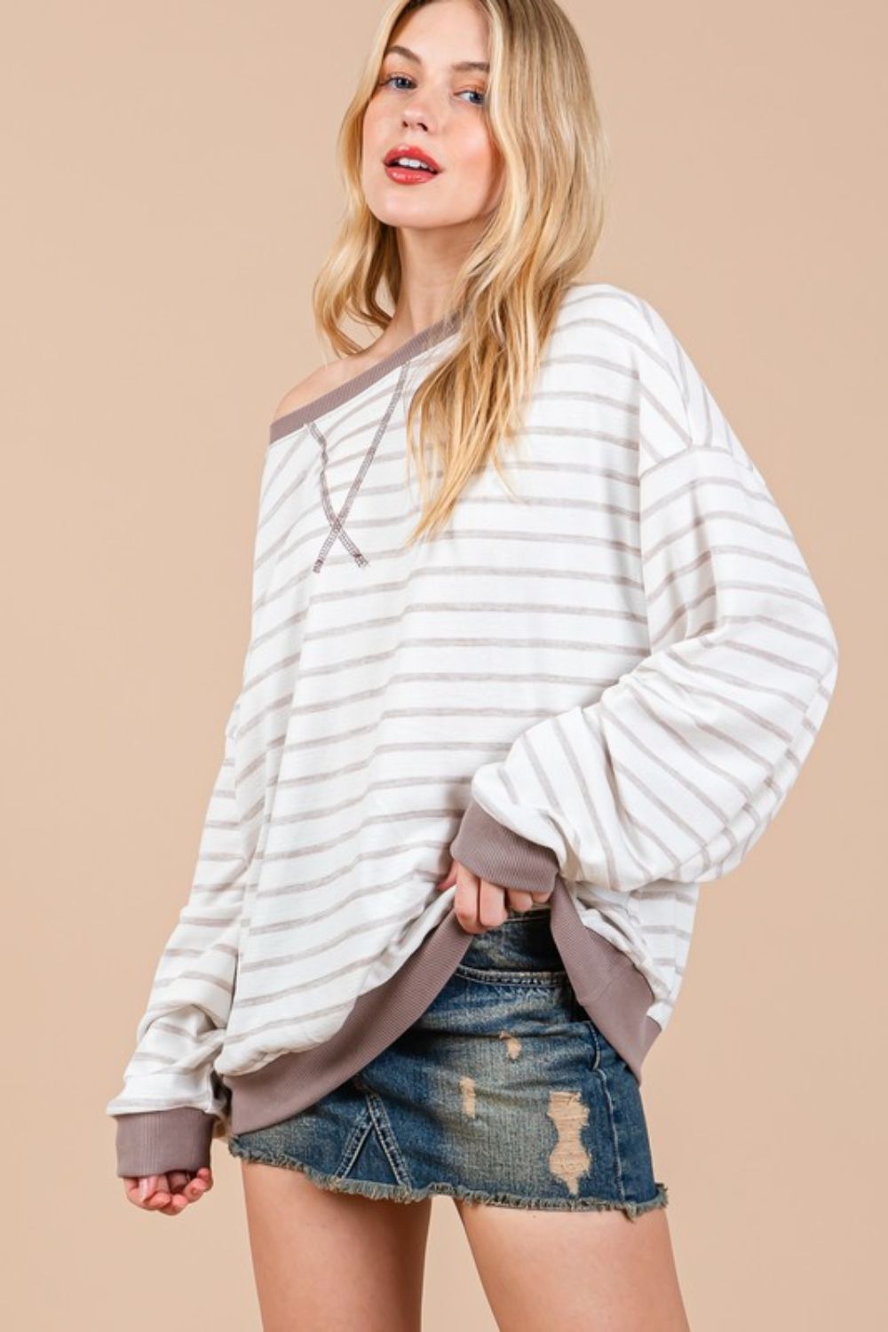 Ces Femme Striped Round Neck Drop Shoulder Sweatshirt-TOPS / DRESSES-[Adult]-[Female]-2022 Online Blue Zone Planet