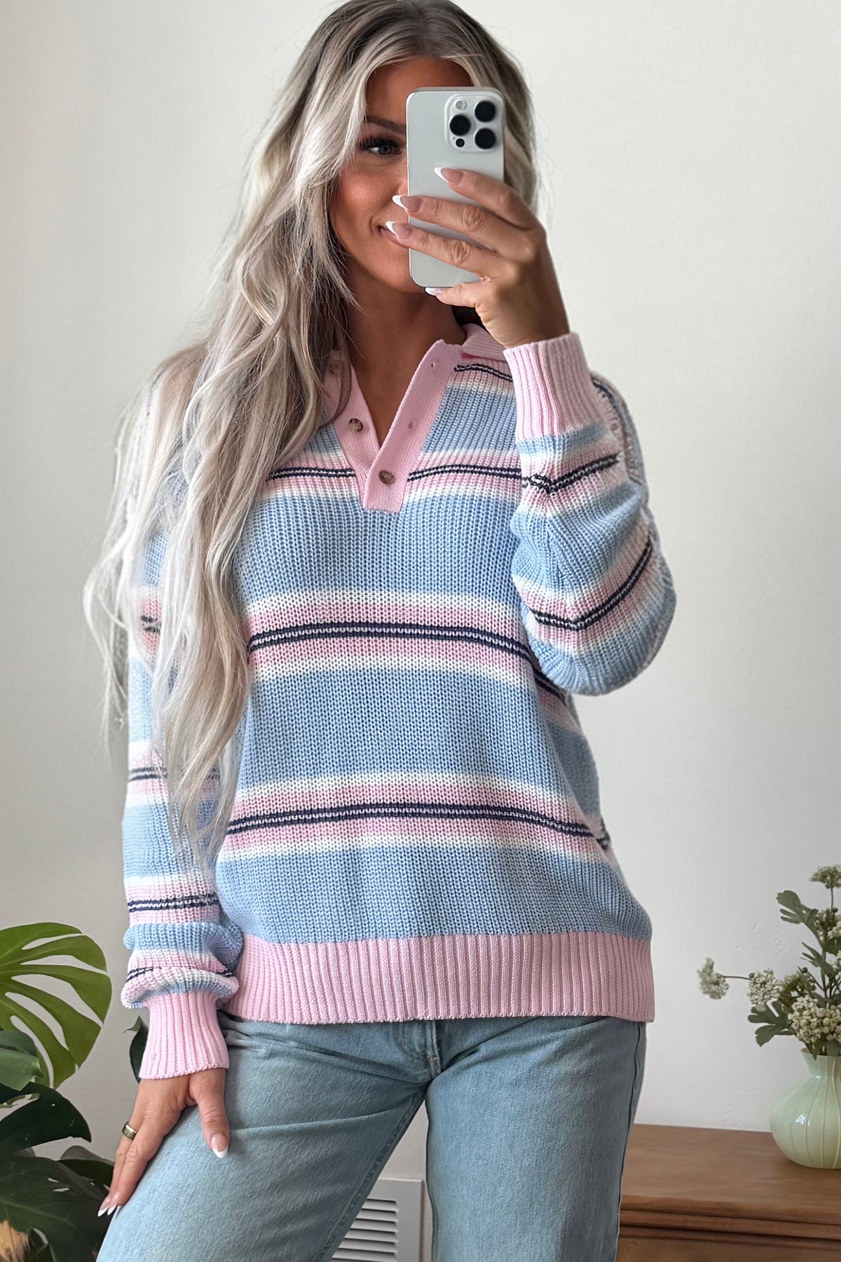 Sky Blue Stripe Striped Button Collar Long Sleeve Shift Fit Winter Knitwear Sweater-TOPS / DRESSES-[Adult]-[Female]-2022 Online Blue Zone Planet
