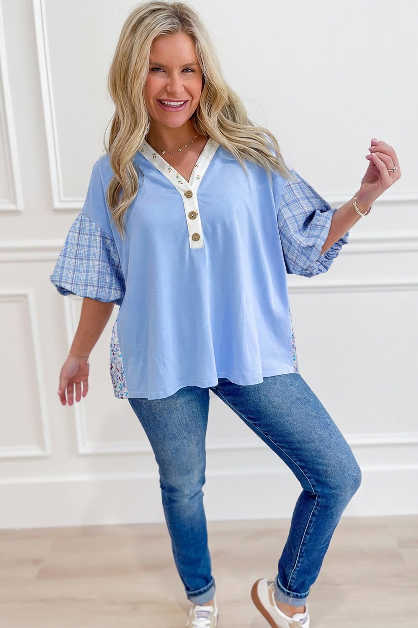 Beau Blue Color Block Plaid Bubble Sleeve Patchwork Blouse-Tops/Blouses & Shirts-[Adult]-[Female]-2022 Online Blue Zone Planet