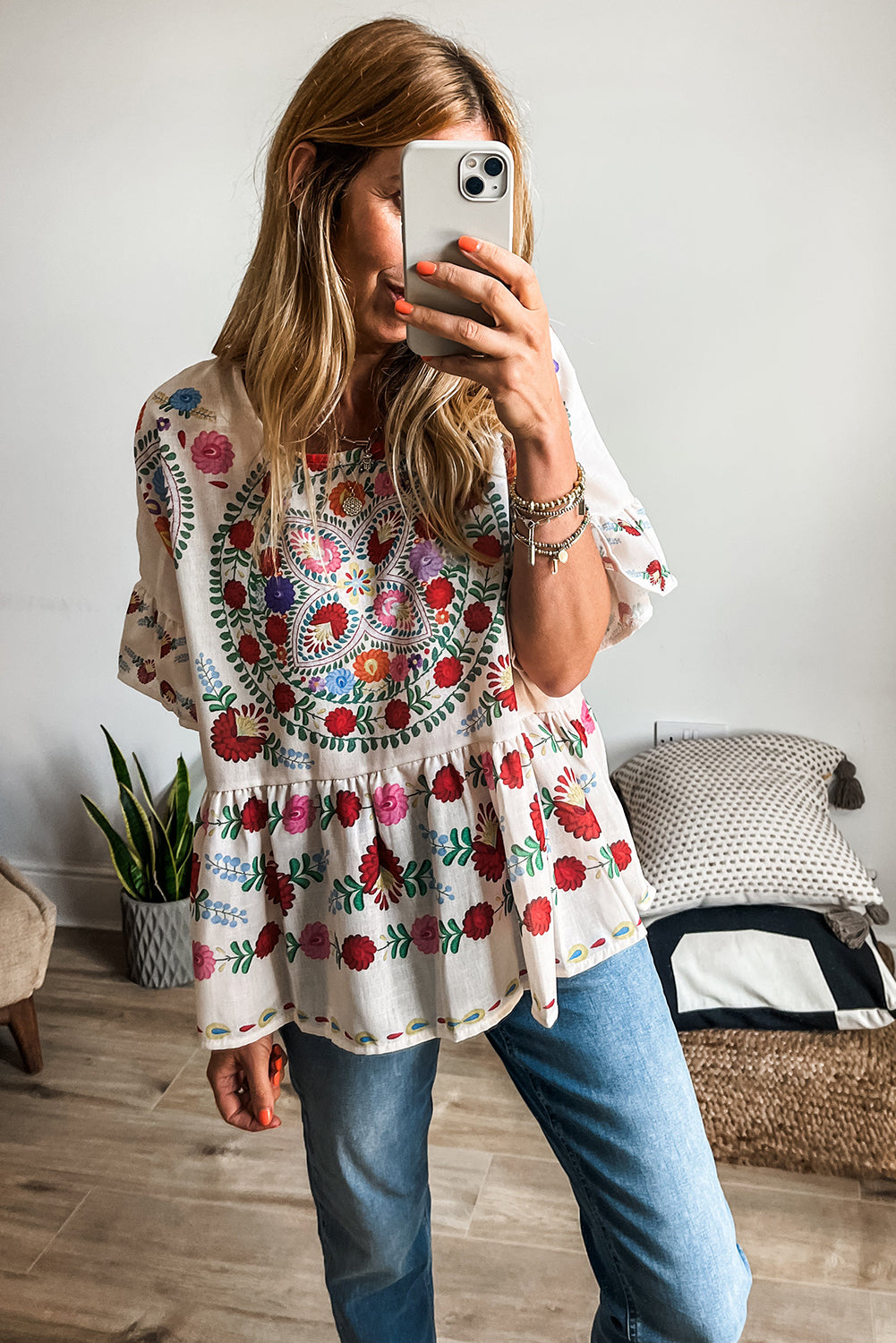 White Boho Floral Print Round Neck Ruffle Trim Blouse-Tops/Blouses & Shirts-[Adult]-[Female]-2022 Online Blue Zone Planet