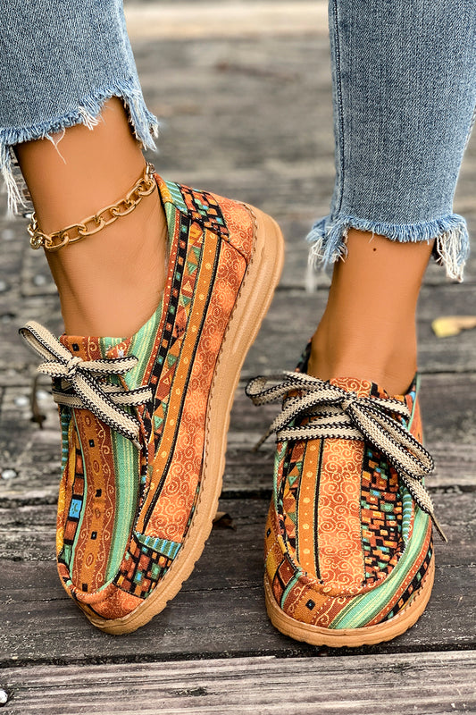 Mustard Ethnic Artistic Print Lace-up Detail Comfort Loafer Shoes-Shoes & Bags/Womens Shoes-[Adult]-[Female]-Mustard-37-2022 Online Blue Zone Planet