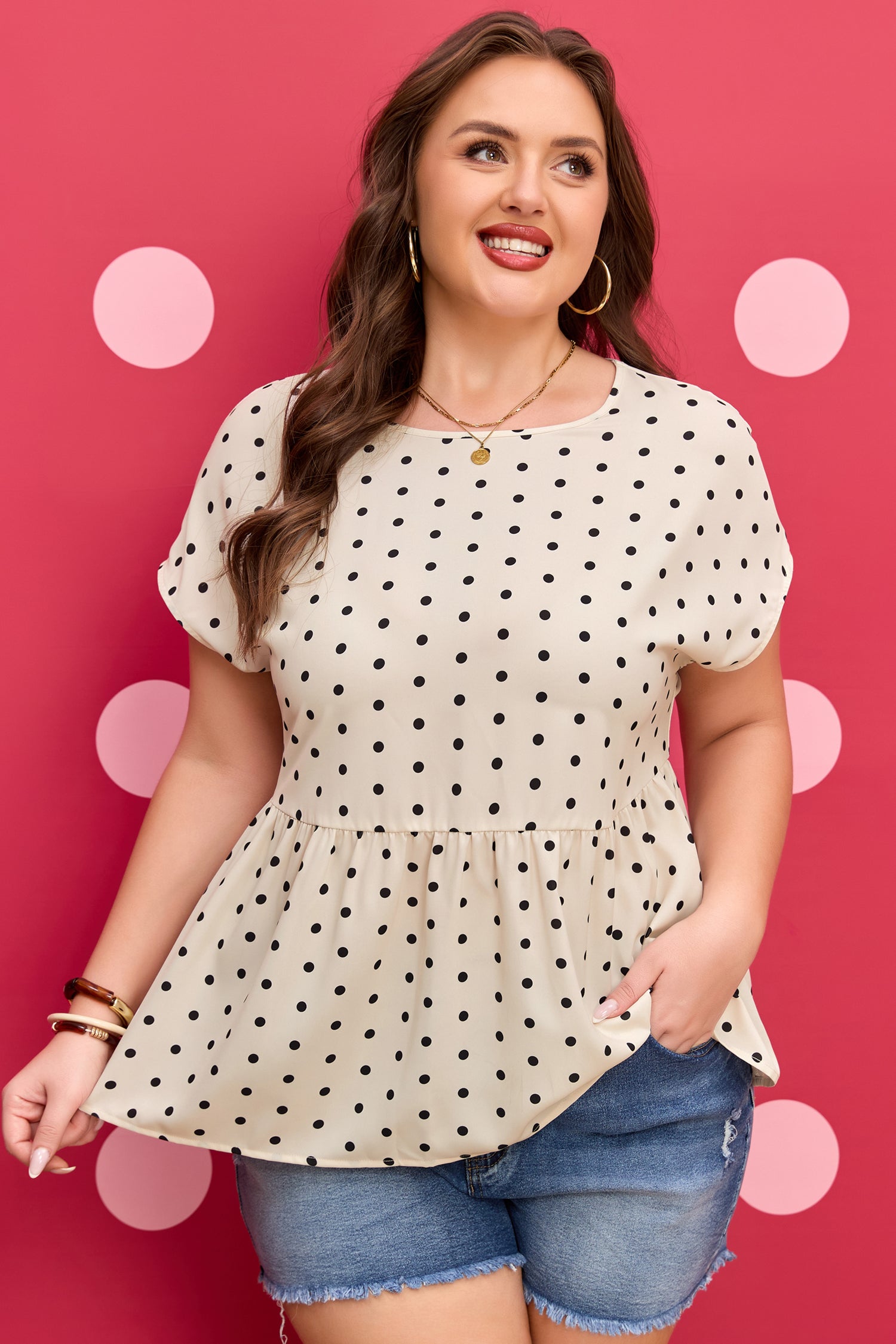 Apricot Plus Size Polka Dot Print Button Detail Short Sleeve Babydoll Blouse-Plus Size/Plus Size Tops/Plus Size Blouses & Shirts-[Adult]-[Female]-2022 Online Blue Zone Planet