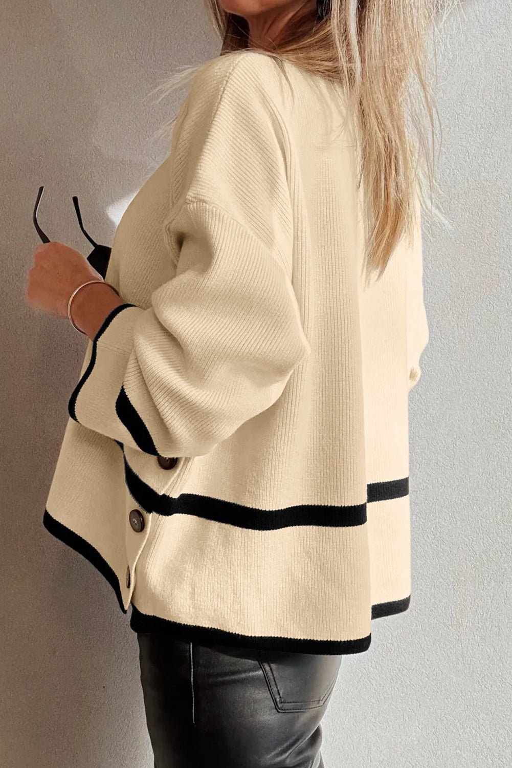 Beige Ribbed Knit Contrasted Stripe Detail Button Side Loose Sweater-Sweaters & Cardigans/Sweaters-[Adult]-[Female]-2022 Online Blue Zone Planet