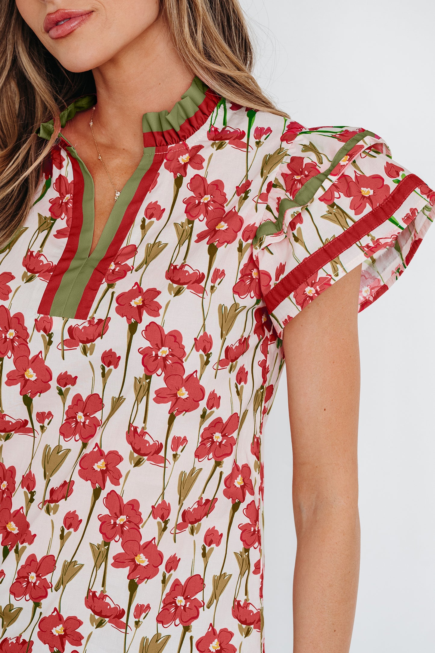 Red Floral Print Contrast Trim V Neck Double Ruffled Short Sleeve Blouse-Tops/Blouses & Shirts-[Adult]-[Female]-2022 Online Blue Zone Planet