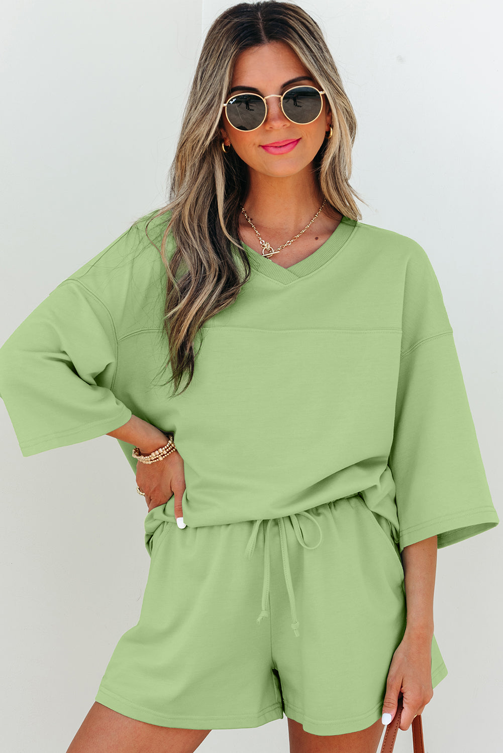 Meadow Mist Green Solid Loose V Neck Half Sleeve Tee and Shorts-Two Piece Sets/Short Sets-[Adult]-[Female]-2022 Online Blue Zone Planet