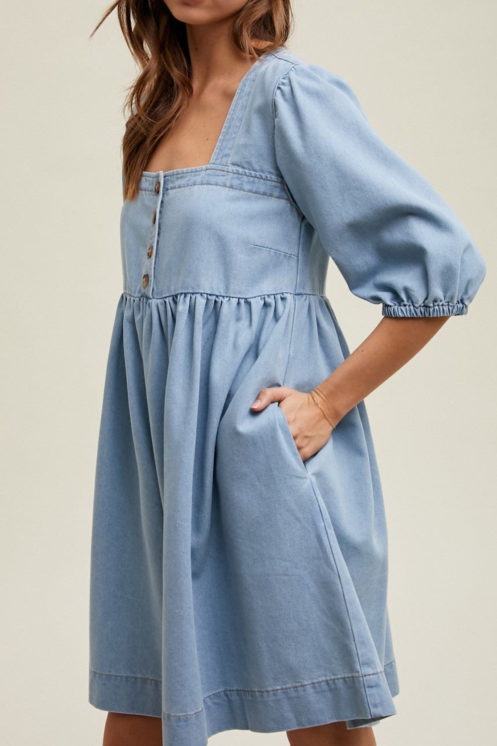 Square Neck Half Sleeve Denim Dress-TOPS / DRESSES-[Adult]-[Female]-2022 Online Blue Zone Planet