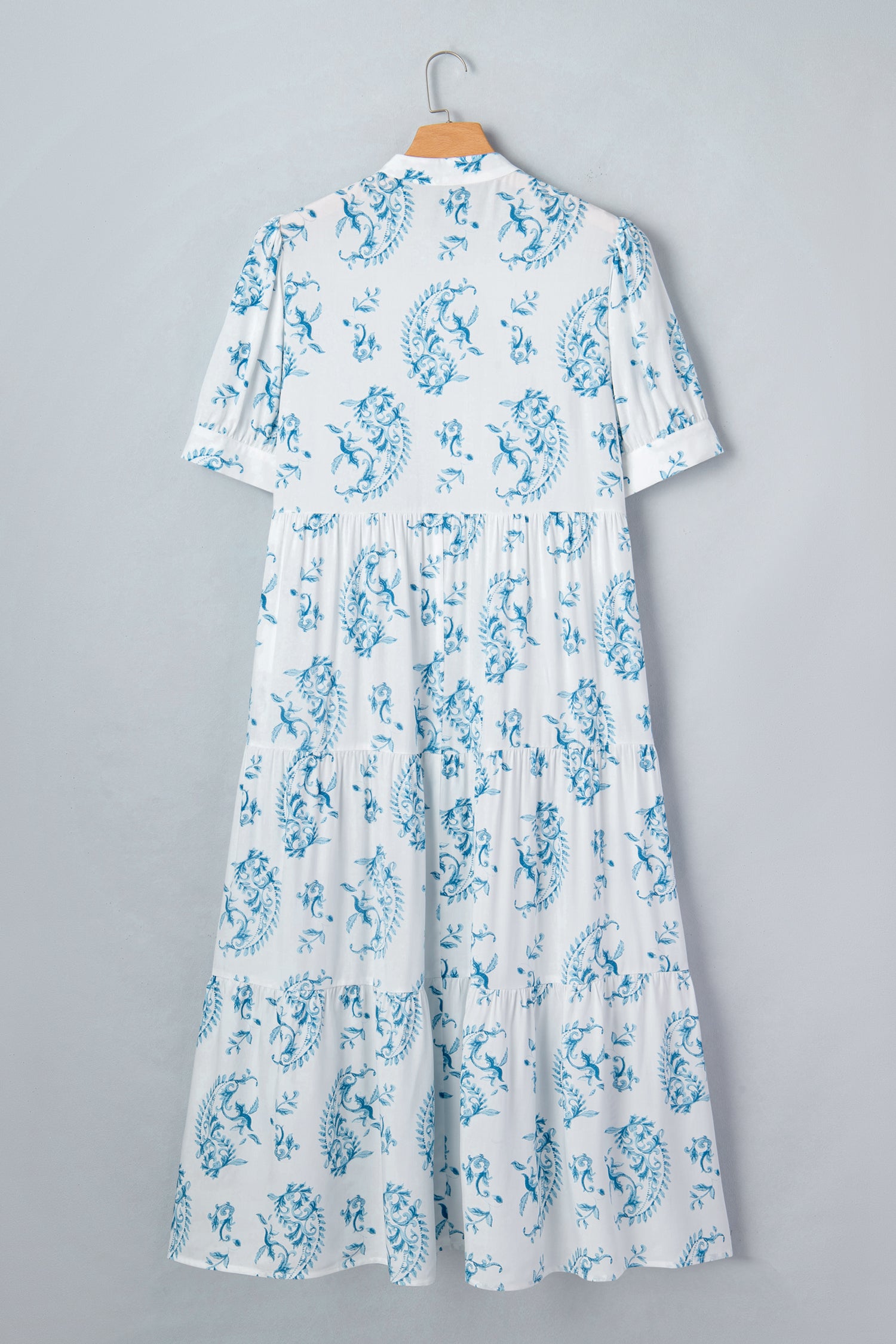 Sky Blue Plus Size Geometric Floral Print Button Split Neck Short Sleeve Maxi Dress-Plus Size/Plus Size Dresses/Plus Size Maxi Dresses-[Adult]-[Female]-2022 Online Blue Zone Planet