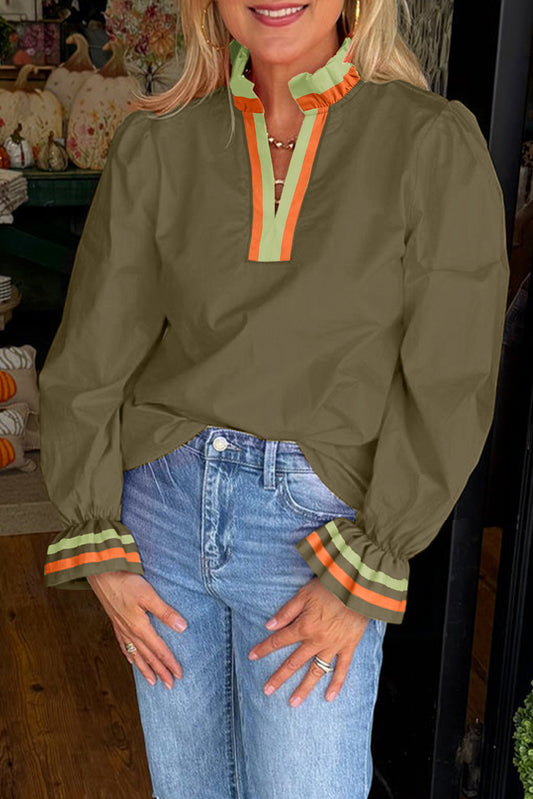 Four Leaf Clover Striped Trim Ruffle Split Neck Long Sleeve Blouse-Tops/Blouses & Shirts-[Adult]-[Female]-Four Leaf Clover-S-2022 Online Blue Zone Planet