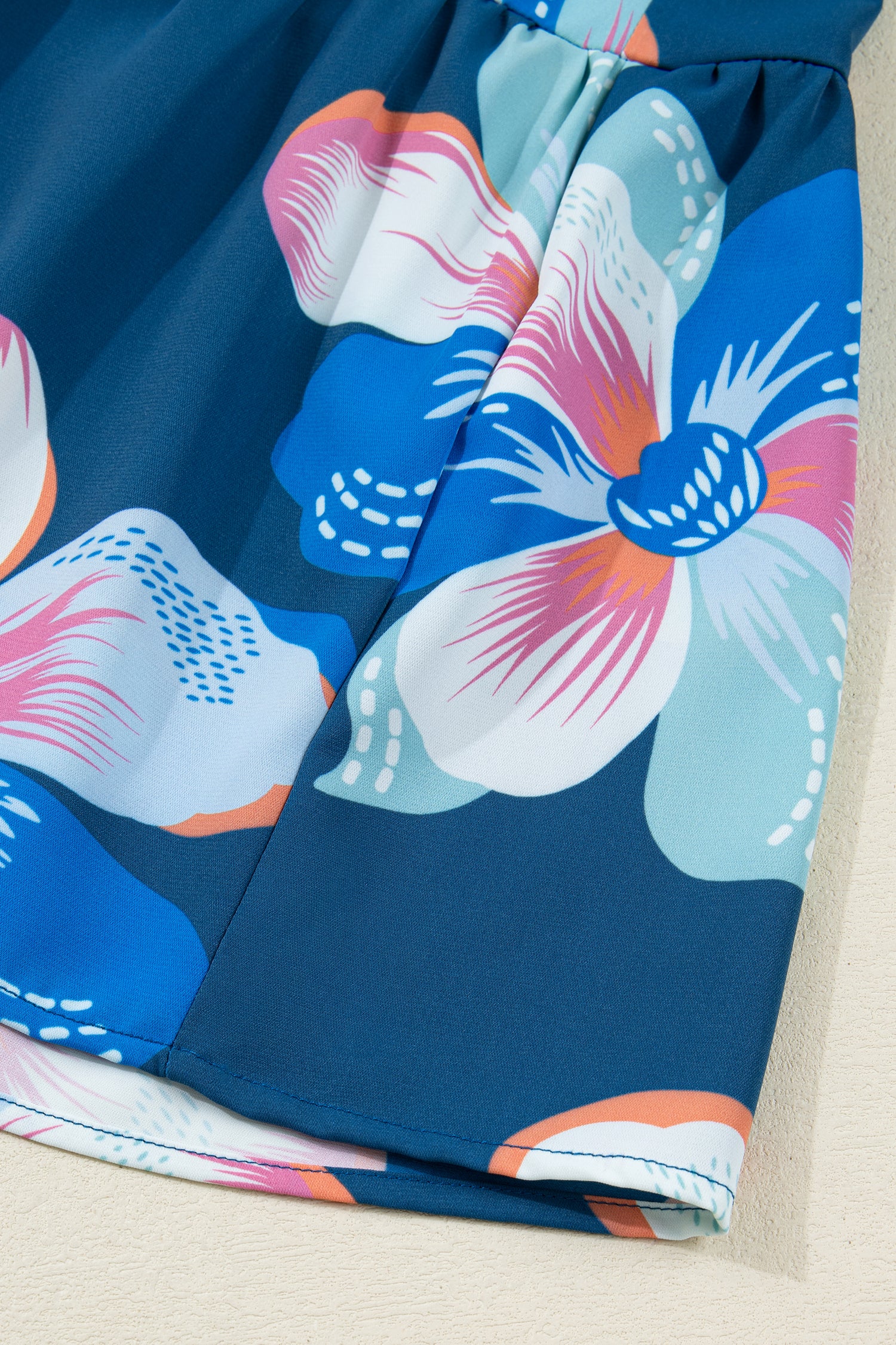 Blue Floral Print Short Puff Sleeve Ruffle Hem Belted Long Dress-TOPS / DRESSES-[Adult]-[Female]-2022 Online Blue Zone Planet