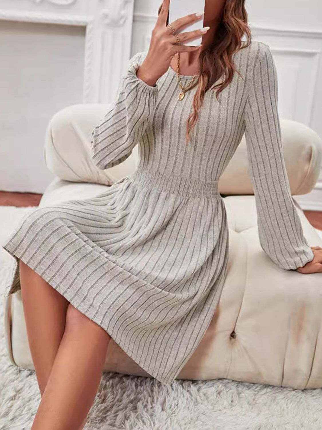 Blue Zone Planet | Smocked Round Neck Long Sleeve Knee Length Dress-TOPS / DRESSES-[Adult]-[Female]-2022 Online Blue Zone Planet