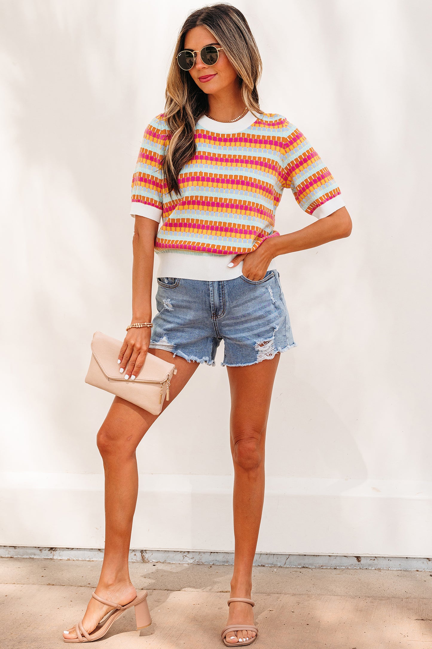 Orange Abstract Striped Knit Short Sleeve Sweater-Sweaters & Cardigans/Short Sleeve Sweaters-[Adult]-[Female]-2022 Online Blue Zone Planet