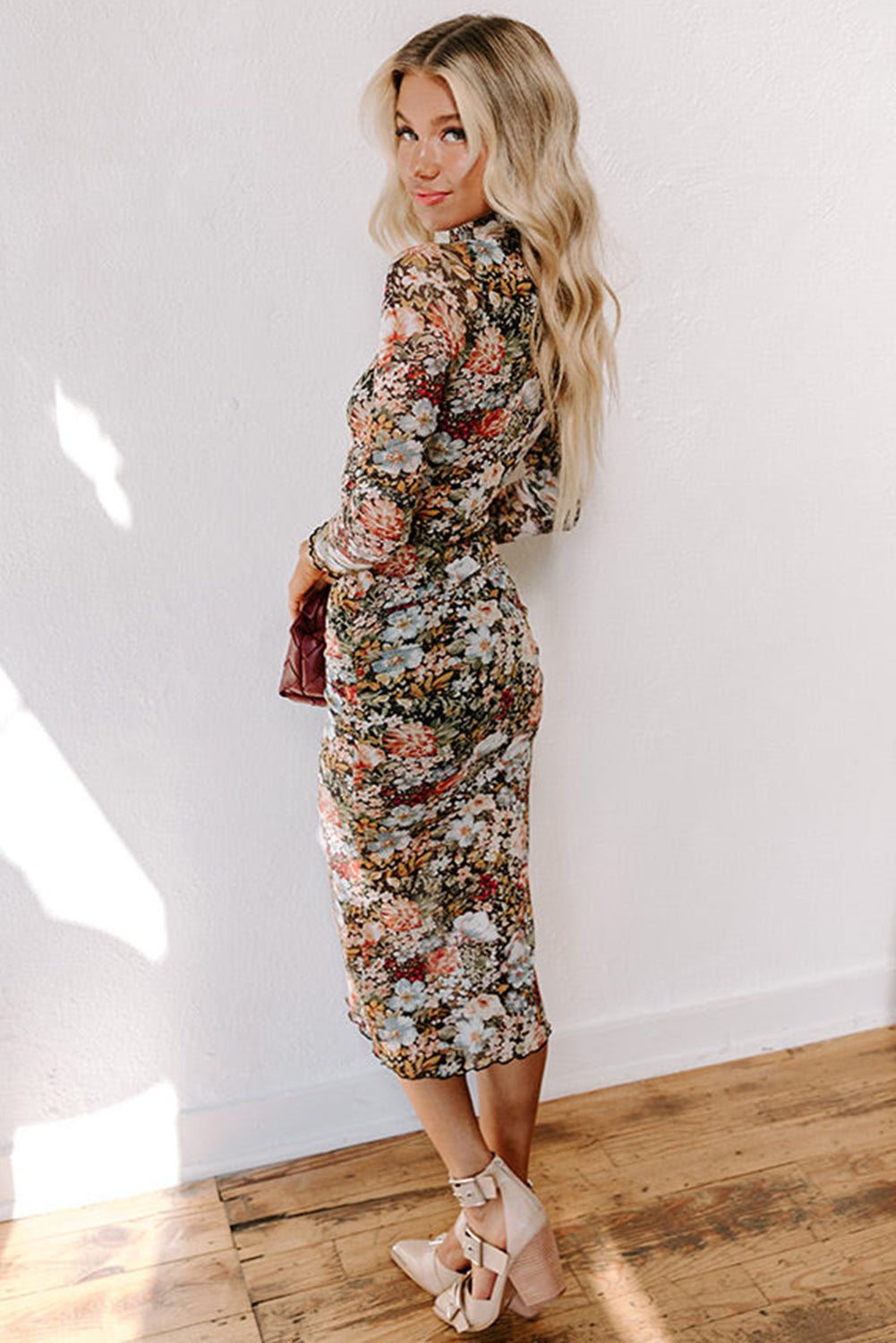 Brown Floral Allover Print Mock Neck Bodycon Long Sleeve Midi Dress-Dresses/Floral Dresses-[Adult]-[Female]-2022 Online Blue Zone Planet