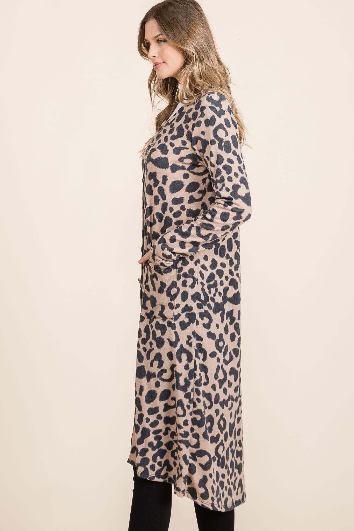 Celeste Full Size Leopard V-Neck Long Sleeve Cardigan-TOPS / DRESSES-[Adult]-[Female]-2022 Online Blue Zone Planet