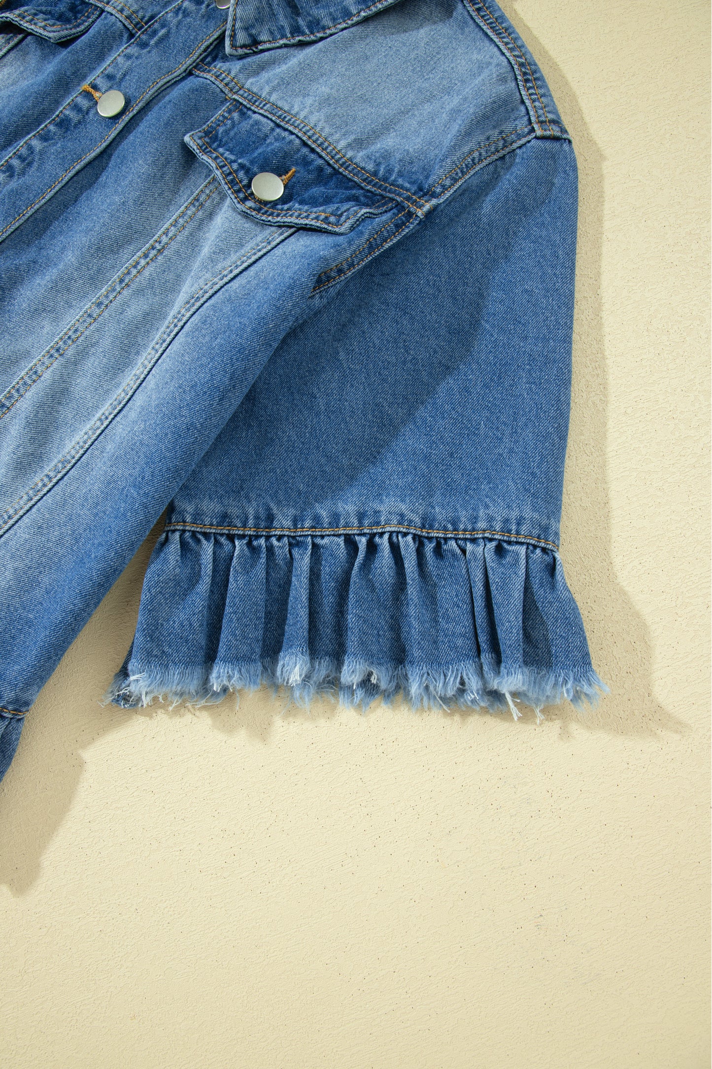 Blue Ruffle Hem Raw Edge Half Sleeve Western Denim Jacket-Outerwear/Denim jackets-[Adult]-[Female]-2022 Online Blue Zone Planet
