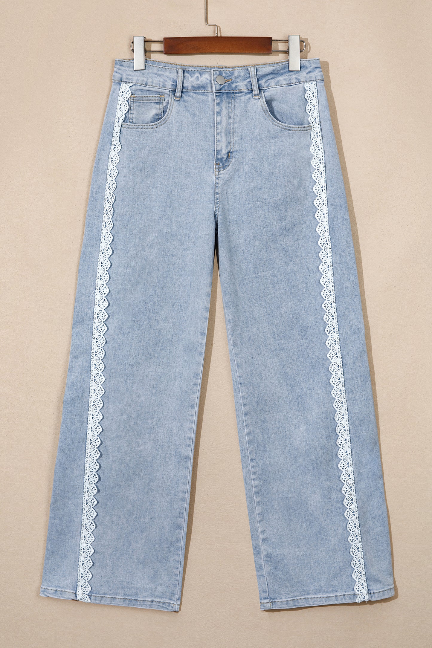 Beau Blue Lace Trim Casual Full-Length Regular Fit Jeans-Bottoms/Jeans-[Adult]-[Female]-2022 Online Blue Zone Planet