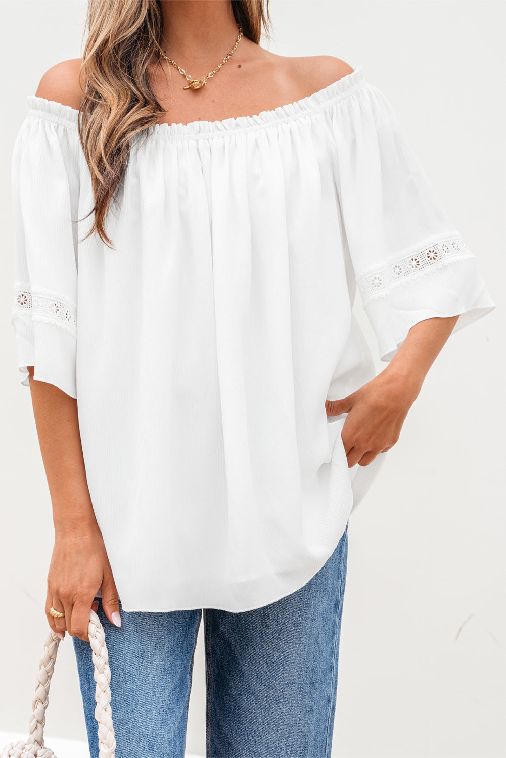 White Frilly Off Shoulder Lace Insert Sleeve Textured Blouse-Tops/Blouses & Shirts-[Adult]-[Female]-2022 Online Blue Zone Planet