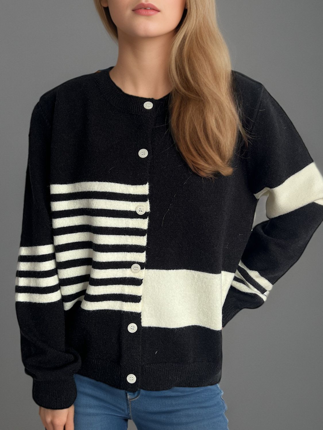 Blue Zone Planet | Striped Color Block Round Neck Cardigan-TOPS / DRESSES-[Adult]-[Female]-2022 Online Blue Zone Planet