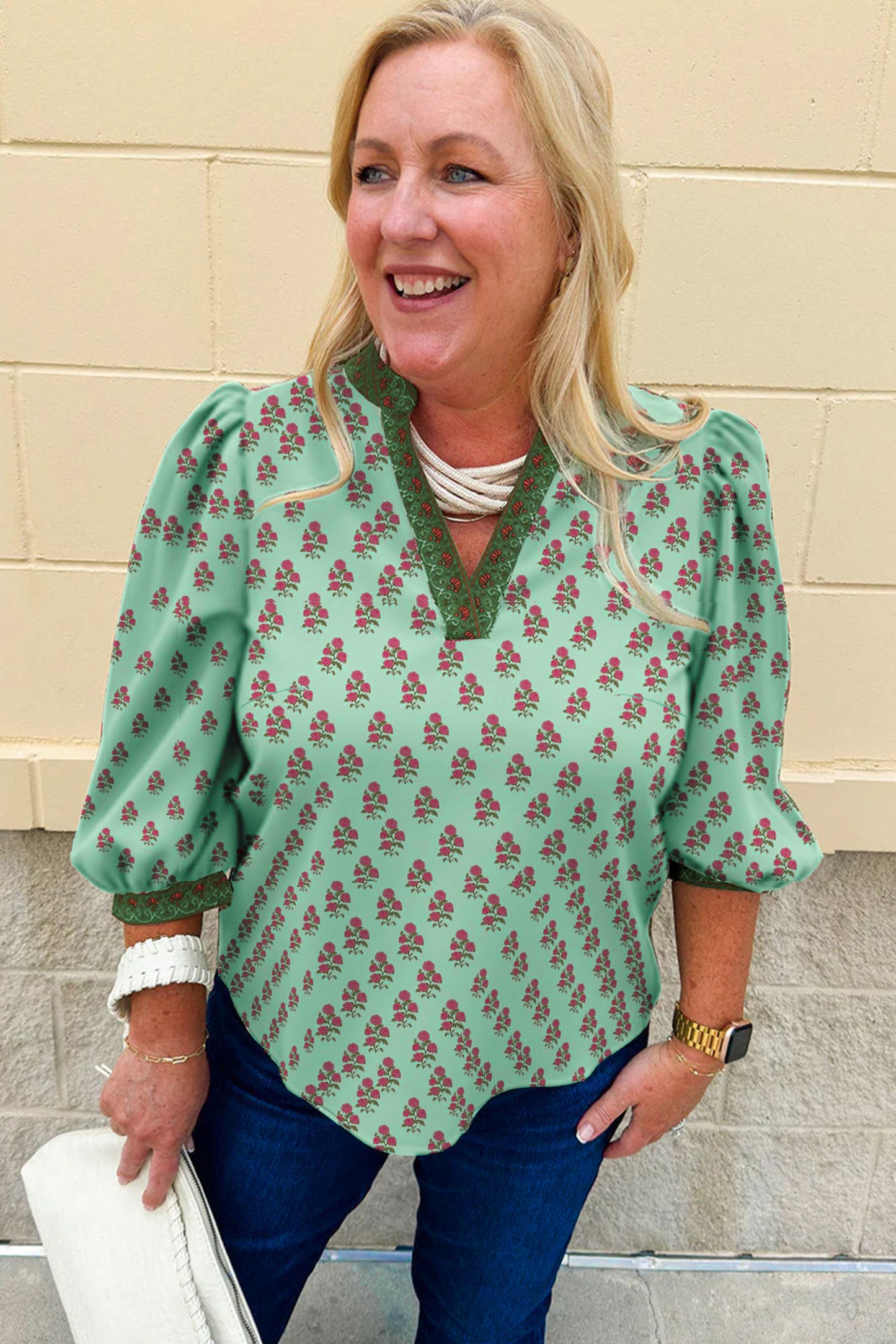 Green Plus Size Floral Print Contrast Trim V Neck Bracelet Sleeve Blouse-Plus Size/Plus Size Tops/Plus Size Blouses & Shirts-[Adult]-[Female]-2022 Online Blue Zone Planet