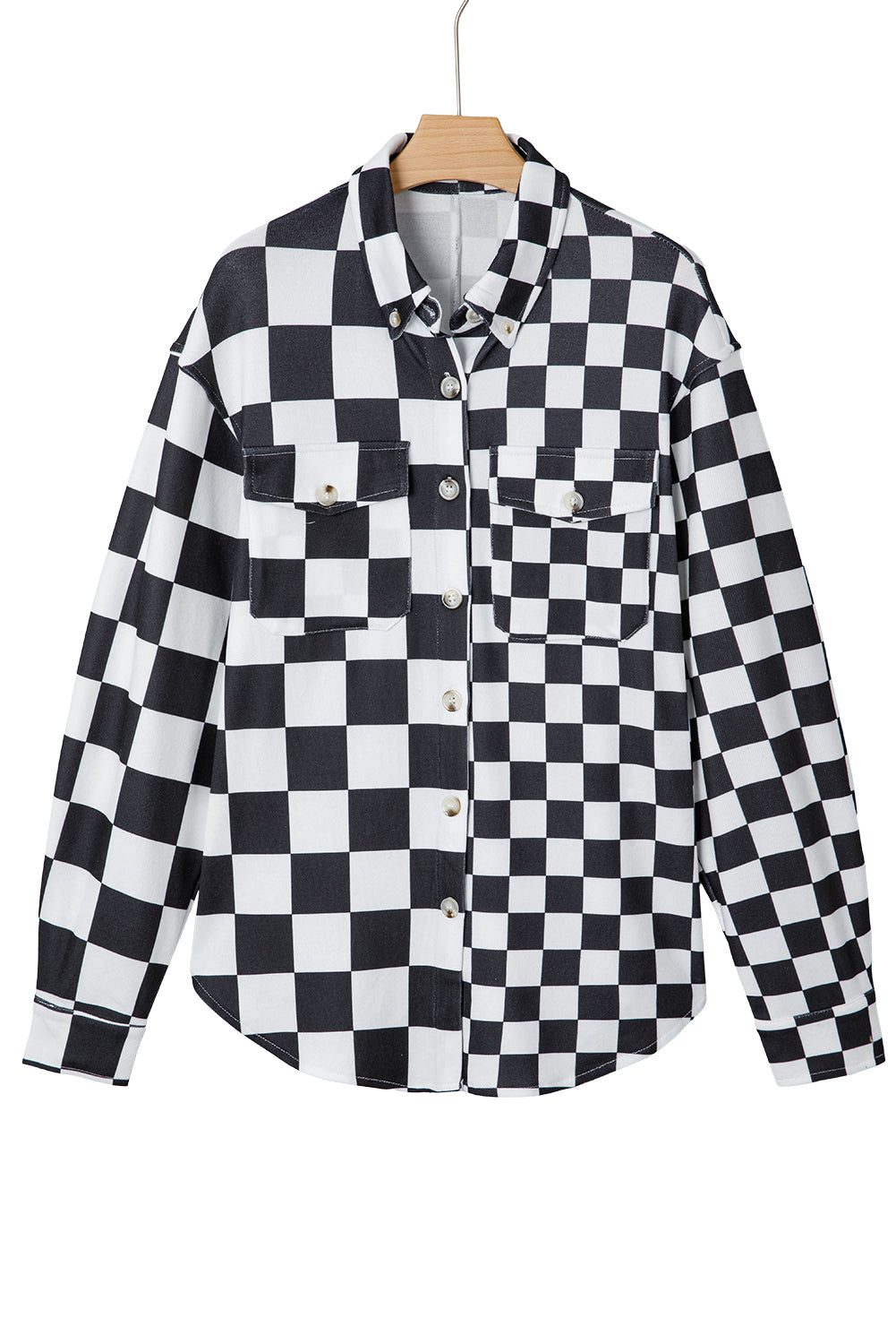 Black Checkerboard Flap Pocket Button Front Shacket-Outerwear/Plaid Shackets-[Adult]-[Female]-2022 Online Blue Zone Planet