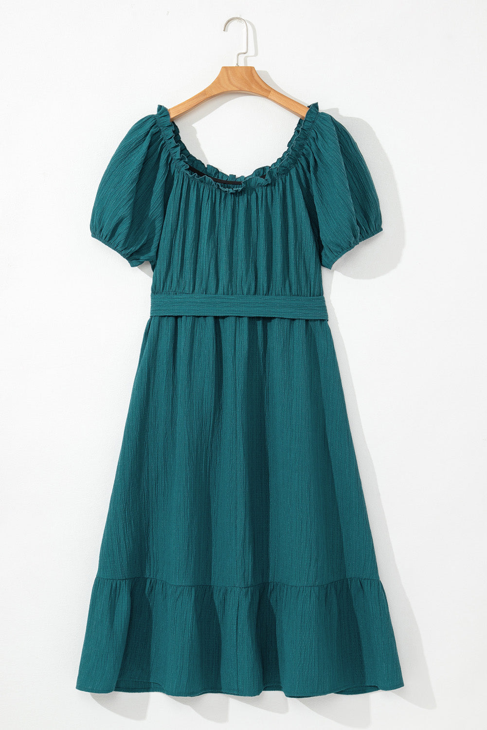 Skobeloff Frilled U Neck Puff Sleeve Belted Ruffle Hem Plus Size Midi Dress-TOPS / DRESSES-[Adult]-[Female]-2022 Online Blue Zone Planet