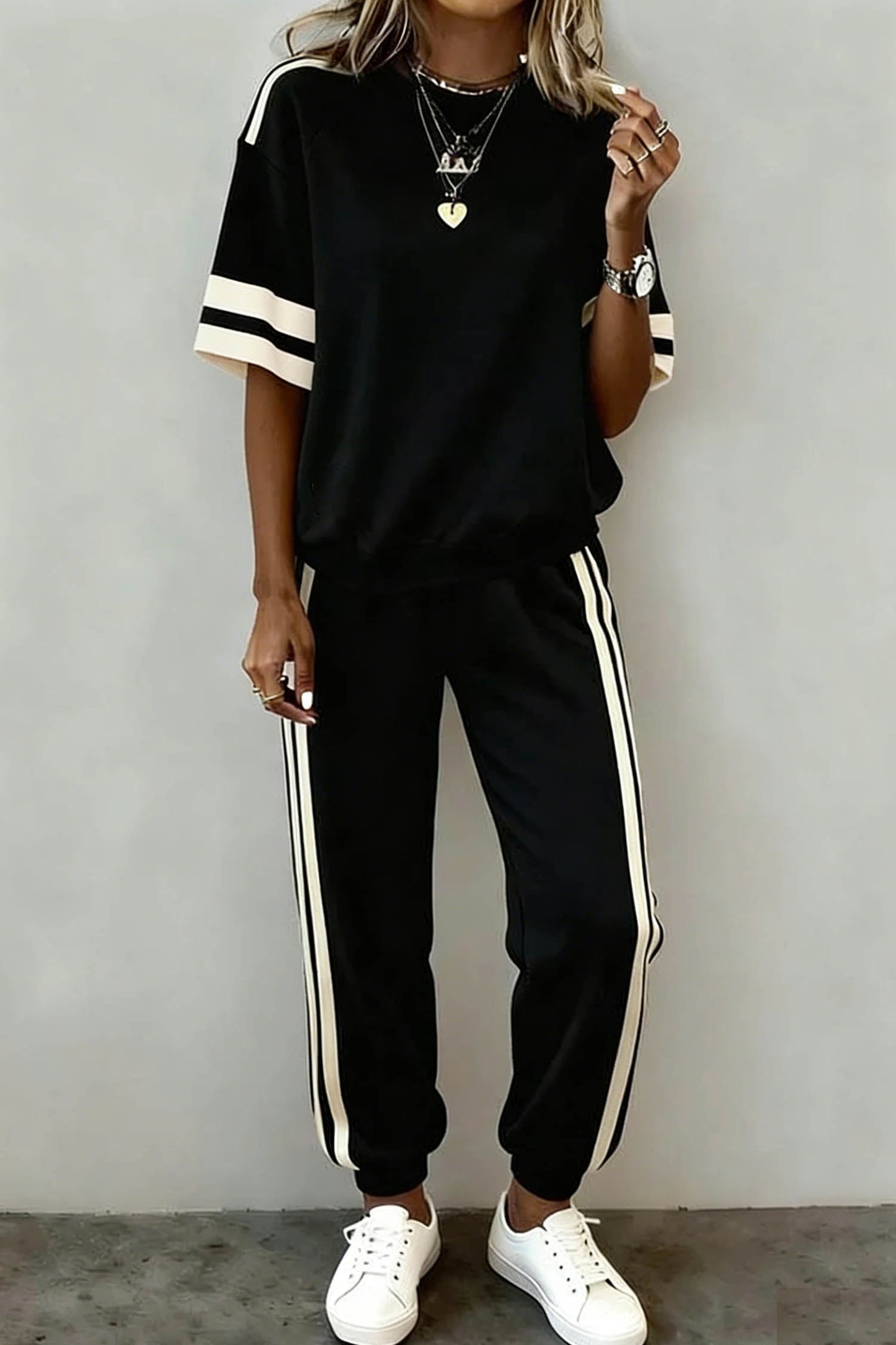Black Varsity Striped Detail Loose Tee Jogger Pants 2pcs Outfit-Two Piece Sets/Pant Sets-[Adult]-[Female]-2022 Online Blue Zone Planet