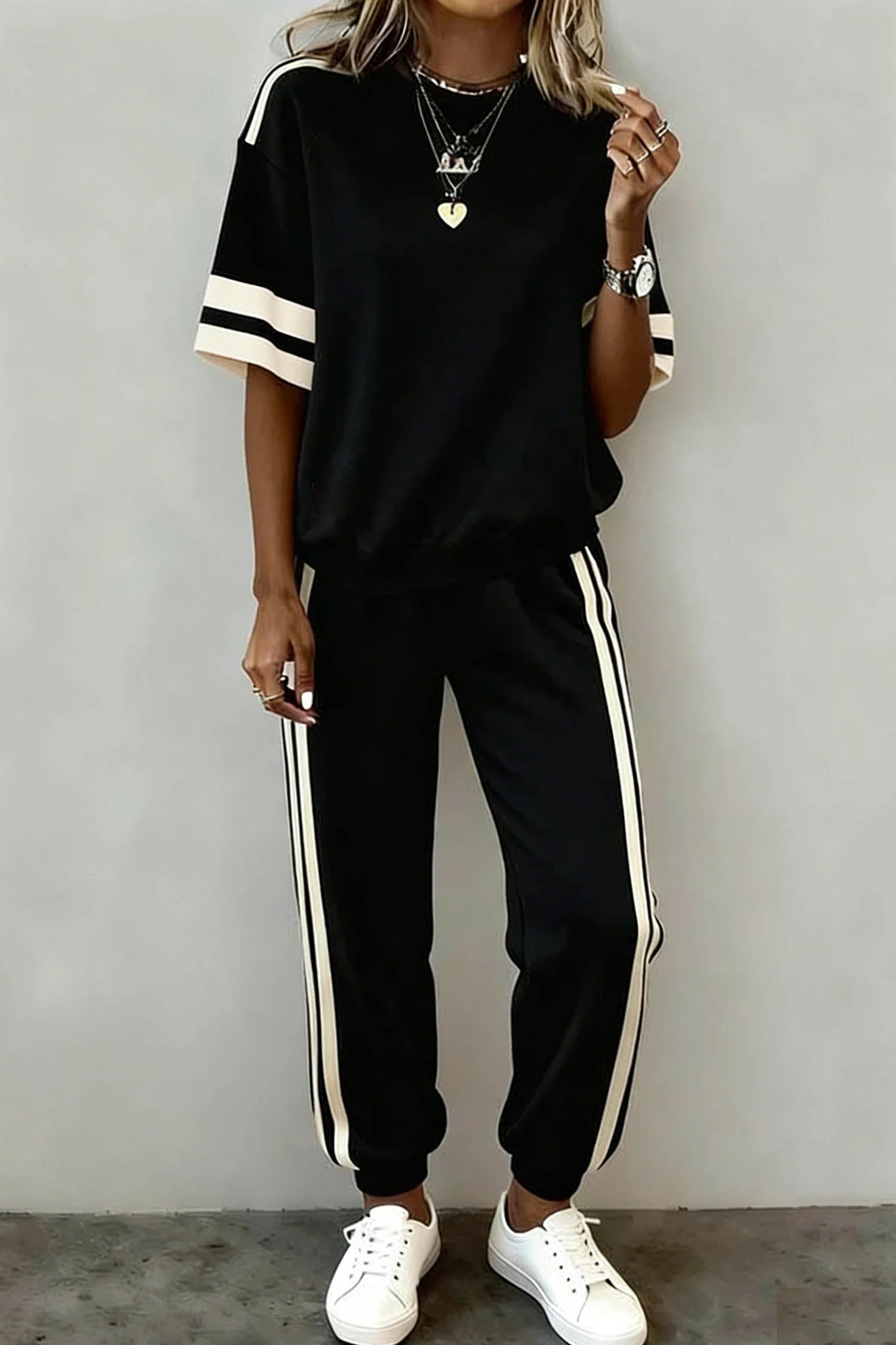 Black Varsity Striped Detail Loose Tee Jogger Pants 2pcs Outfit-Two Piece Sets/Pant Sets-[Adult]-[Female]-2022 Online Blue Zone Planet