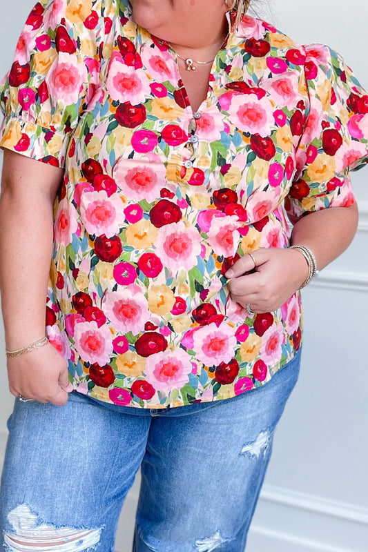Pink Plus Size Flower Print Split V Neck Puff Short Sleeve Top-Plus Size/Plus Size Tops/Plus Size Blouses & Shirts-[Adult]-[Female]-Pink-1X-2022 Online Blue Zone Planet