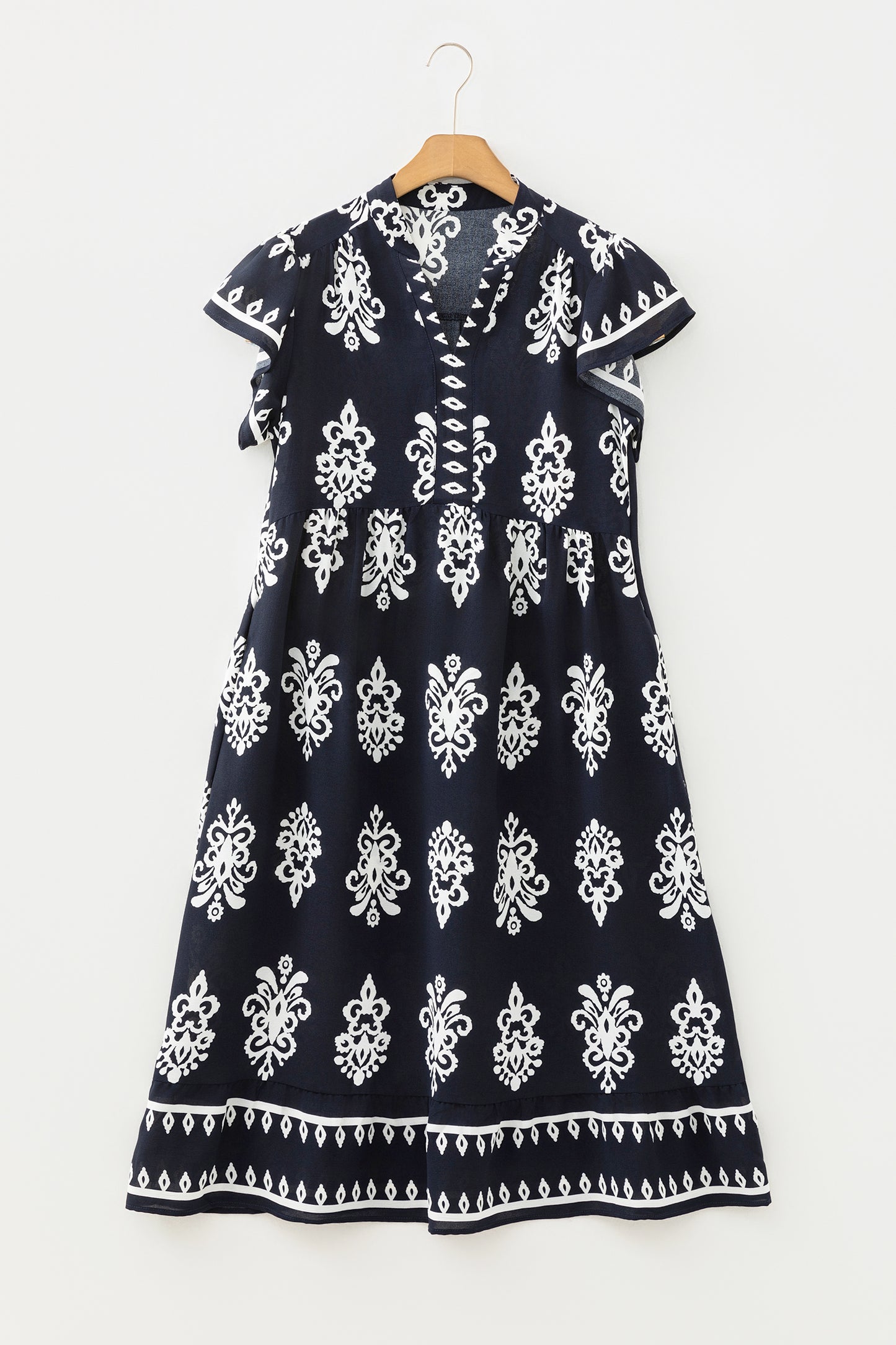 Blue Western Ethnic Print Notched Neck Short Sleeve Midi Dress-TOPS / DRESSES-[Adult]-[Female]-2022 Online Blue Zone Planet
