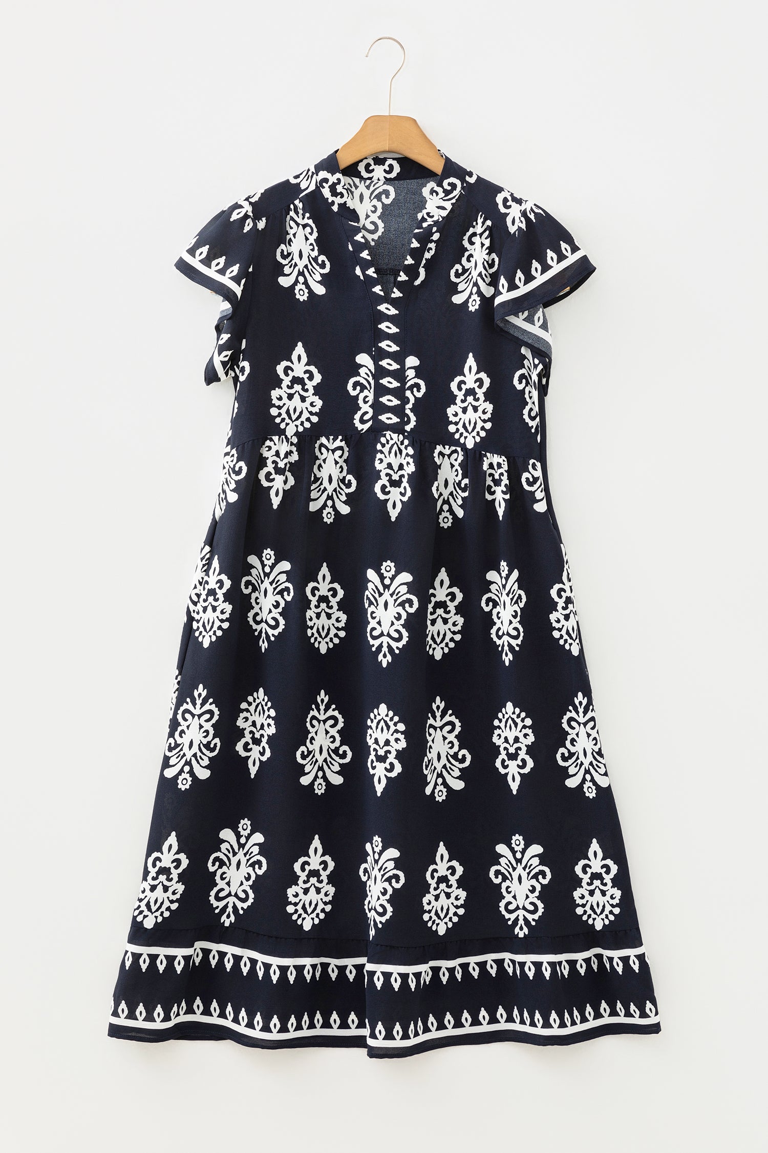 Blue Western Ethnic Print Notched Neck Short Sleeve Midi Dress-TOPS / DRESSES-[Adult]-[Female]-2022 Online Blue Zone Planet