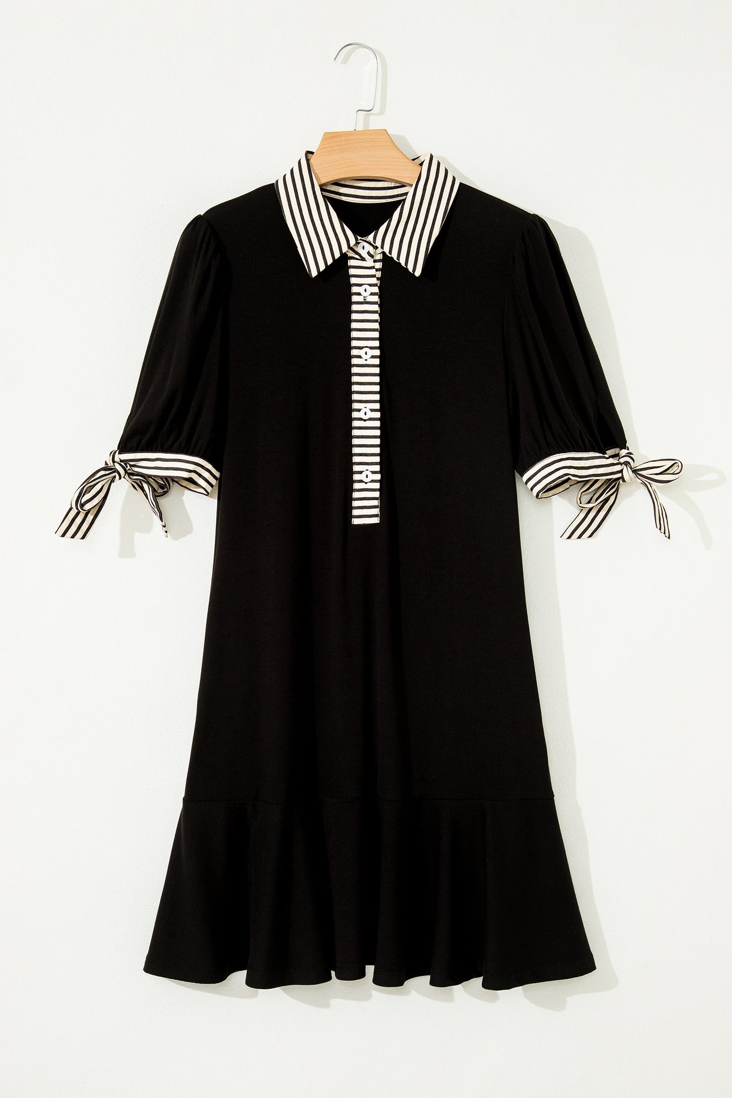 Black Stripe Detail Polo Collar Half Buttons Tied Short Sleeve Shift Mini Dress-TOPS / DRESSES-[Adult]-[Female]-2022 Online Blue Zone Planet