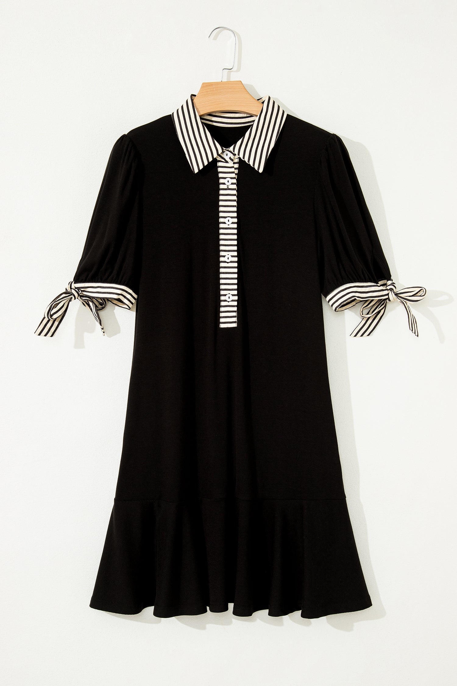 Black Stripe Detail Polo Collar Half Buttons Tied Short Sleeve Shift Mini Dress-TOPS / DRESSES-[Adult]-[Female]-2022 Online Blue Zone Planet