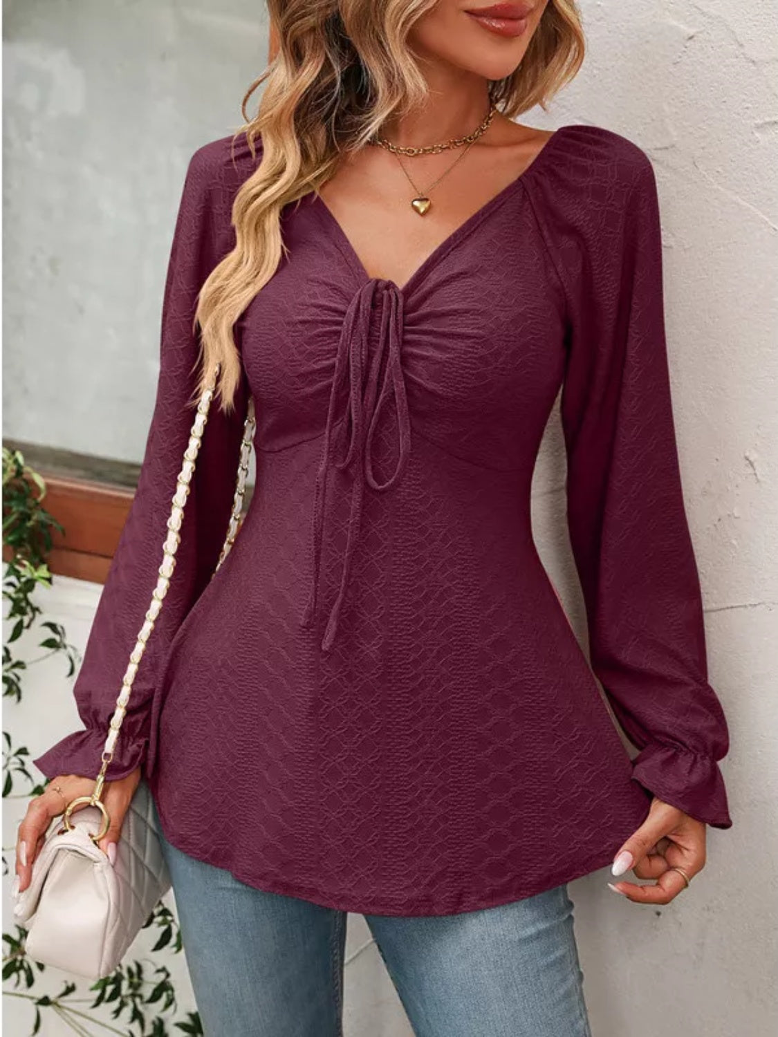 Full Size Drawstring Ruffled V-Neck Long Sleeve Blouse-TOPS / DRESSES-[Adult]-[Female]-2022 Online Blue Zone Planet