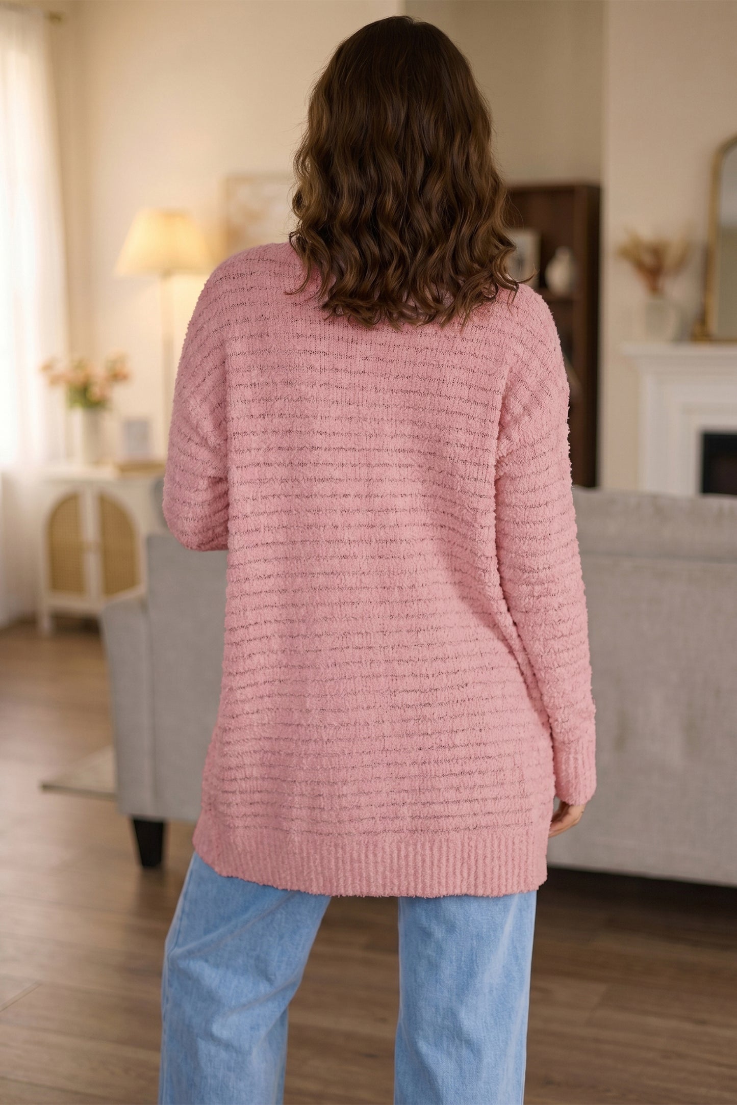 Light Pink Open Front Soft Fuzzy Ribbed Sweater Cardigan-Sweaters & Cardigans/Cardigans-[Adult]-[Female]-2022 Online Blue Zone Planet
