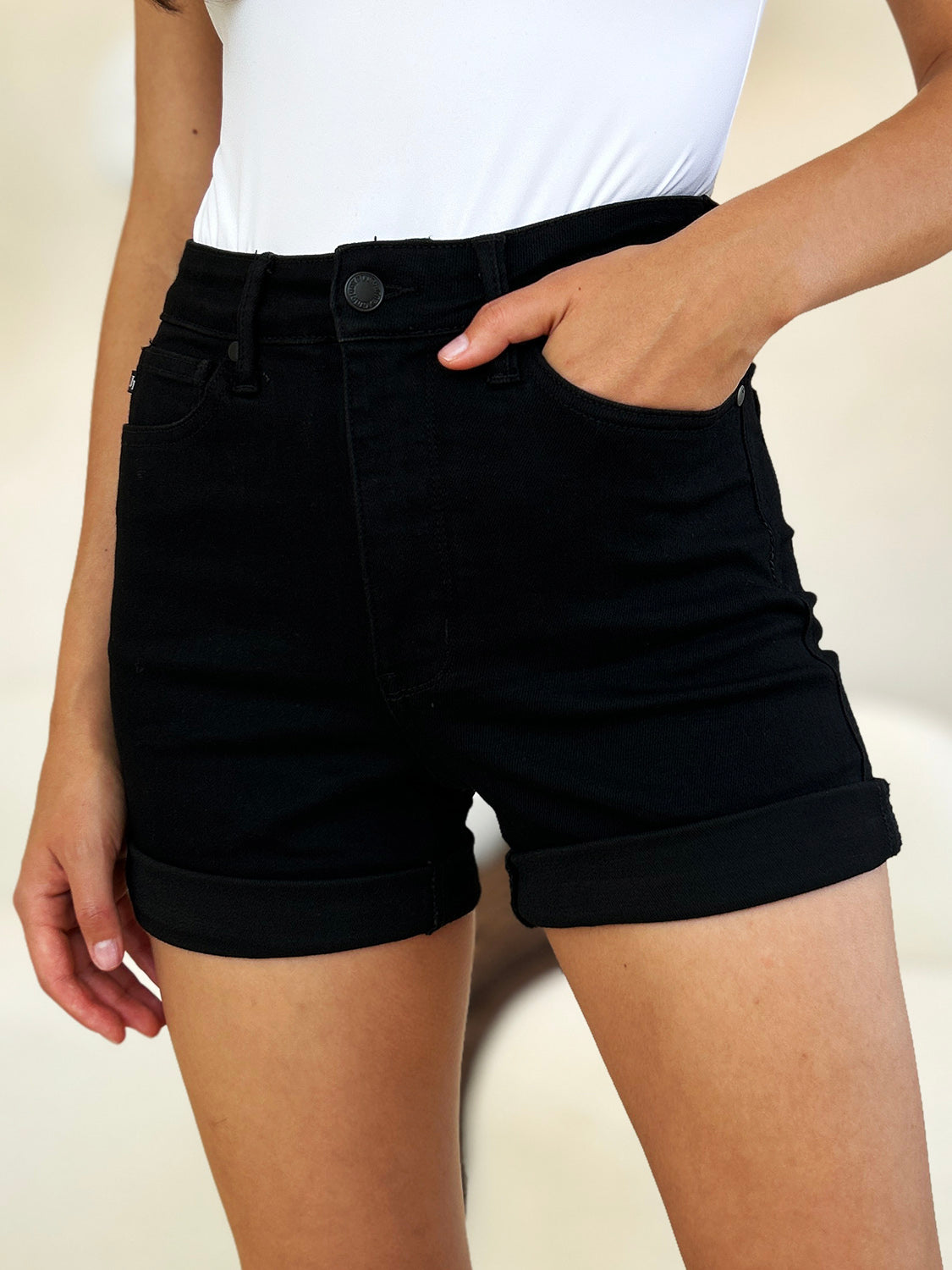 Judy Blue Full Size High Waist Tummy Control Cuffed Denim Shorts-BOTTOMS SIZES SMALL MEDIUM LARGE-[Adult]-[Female]-Black-S-2022 Online Blue Zone Planet