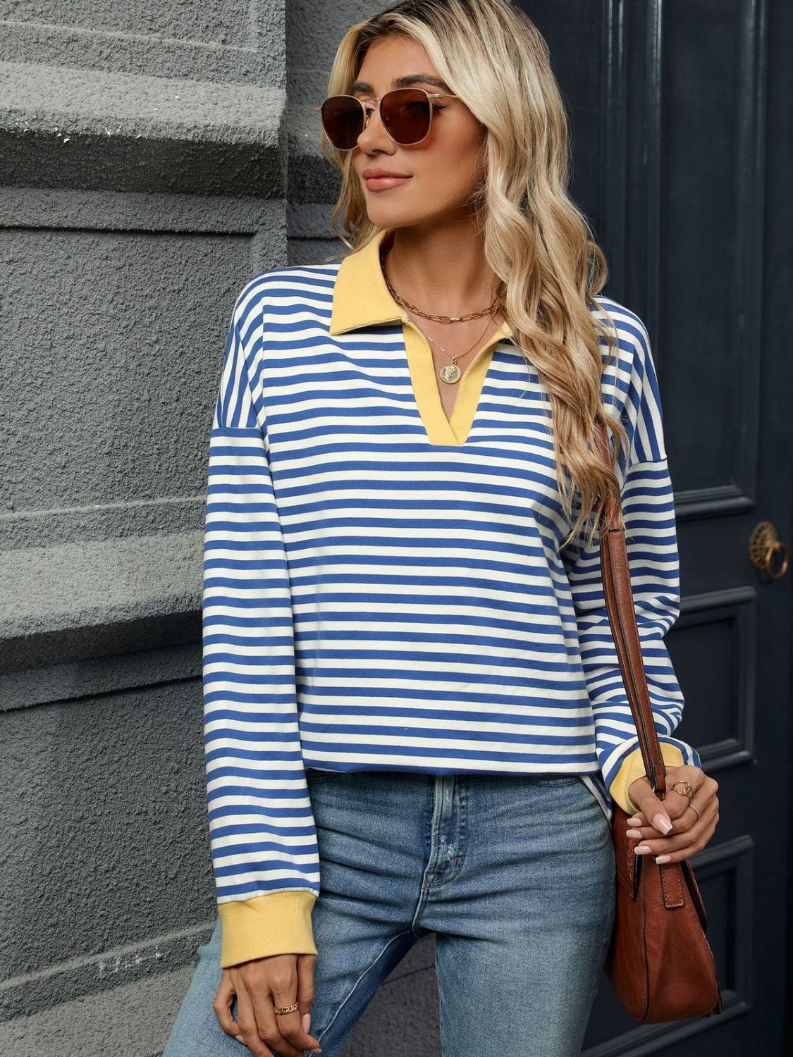 Striped Johnny Collar Long Sleeve Sweatshirt-TOPS / DRESSES-[Adult]-[Female]-2022 Online Blue Zone Planet