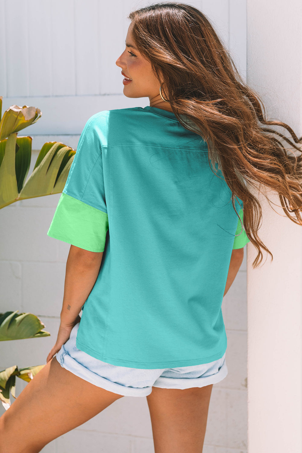 Aruba Blue Frayed Denim Star Patched Oversize T Shirt-Tops/Tops & Tees-[Adult]-[Female]-2022 Online Blue Zone Planet