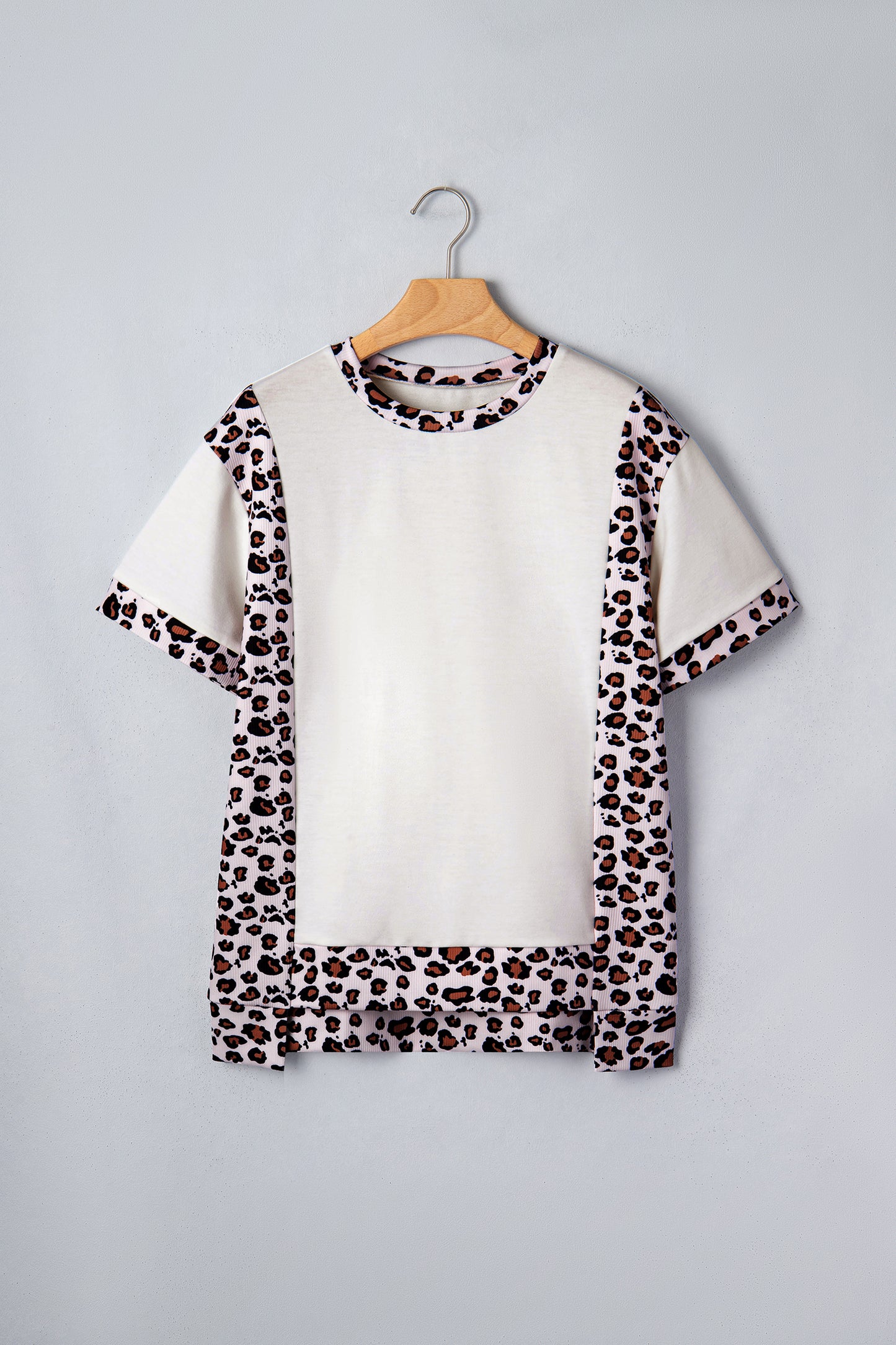 White Ribbed Leopard Patchwork Uneven Hem T Shirt-Tops/Tops & Tees-[Adult]-[Female]-2022 Online Blue Zone Planet