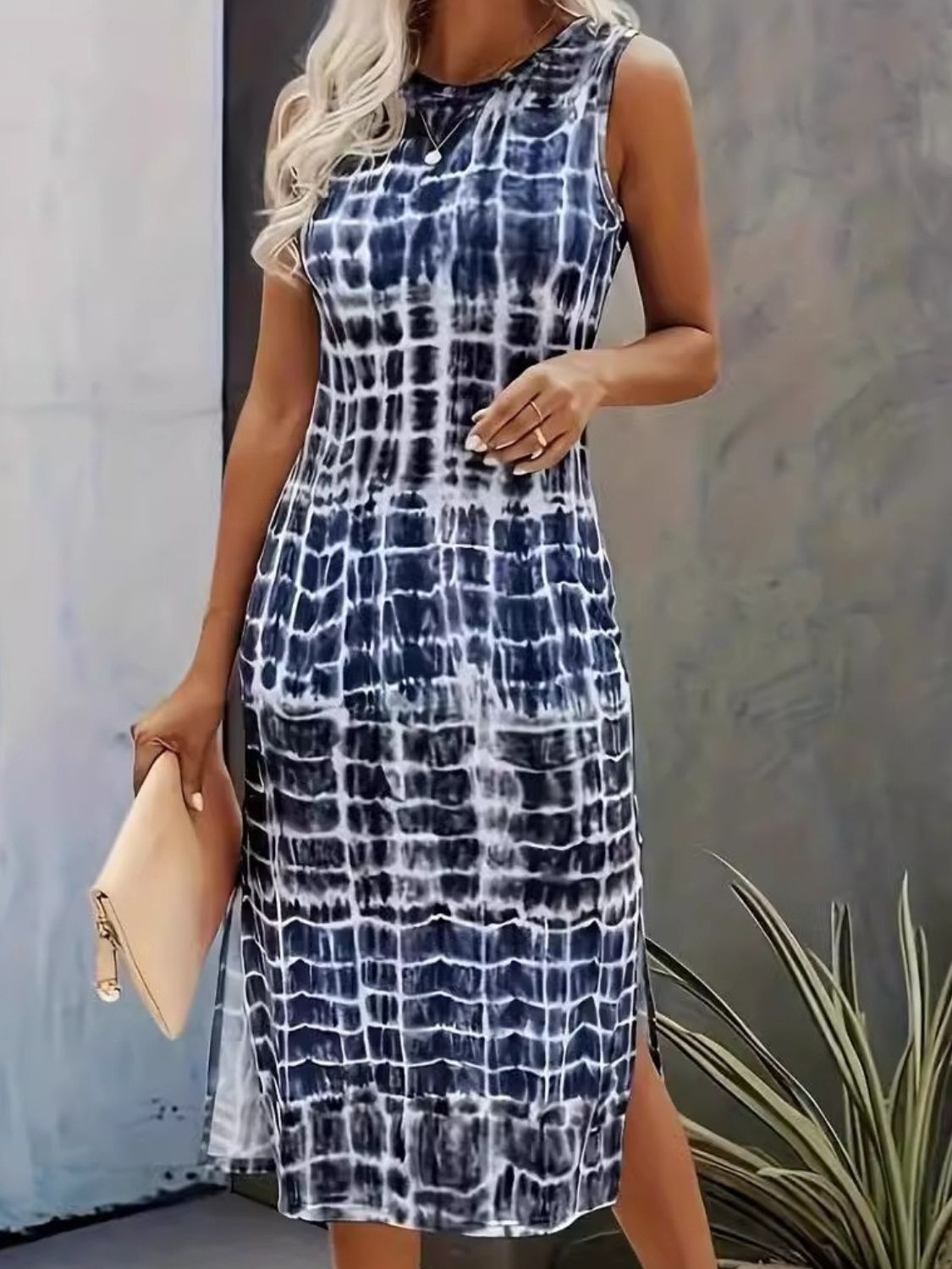 Slit Printed Round Neck Sleeveless Dress-TOPS / DRESSES-[Adult]-[Female]-Dark Blue-S-2022 Online Blue Zone Planet