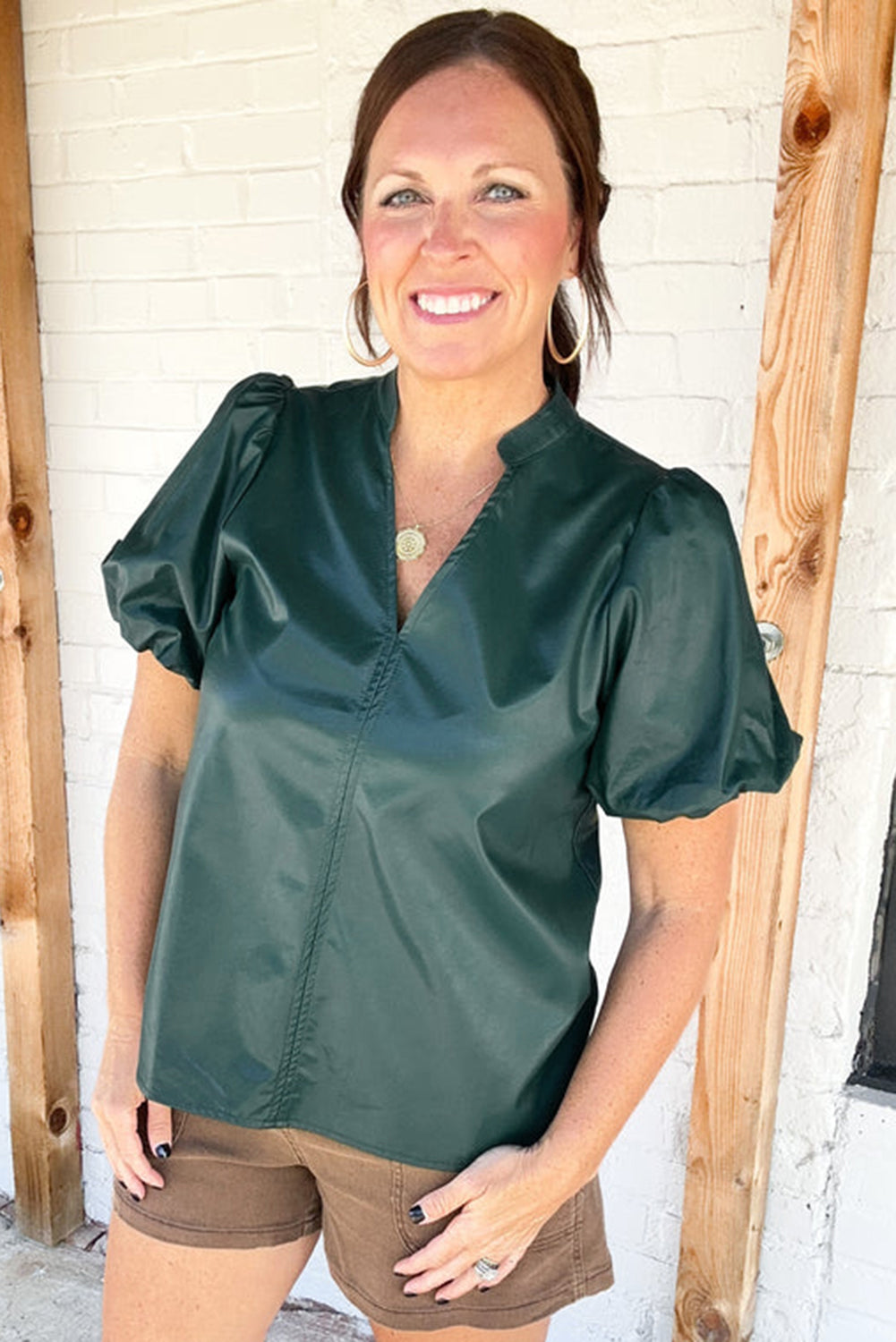 Sea Green Notched V Neck Short Puff Sleeve PU Leather Blouse-Tops/Blouses & Shirts-[Adult]-[Female]-2022 Online Blue Zone Planet