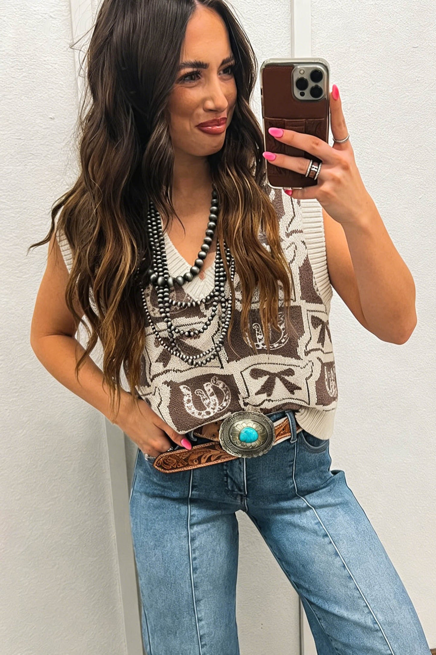 Brown Western Horseshoe Bow Printed V Neck Loose Sweater Vest-Sweaters & Cardigans/Sweater Vests-[Adult]-[Female]-2022 Online Blue Zone Planet