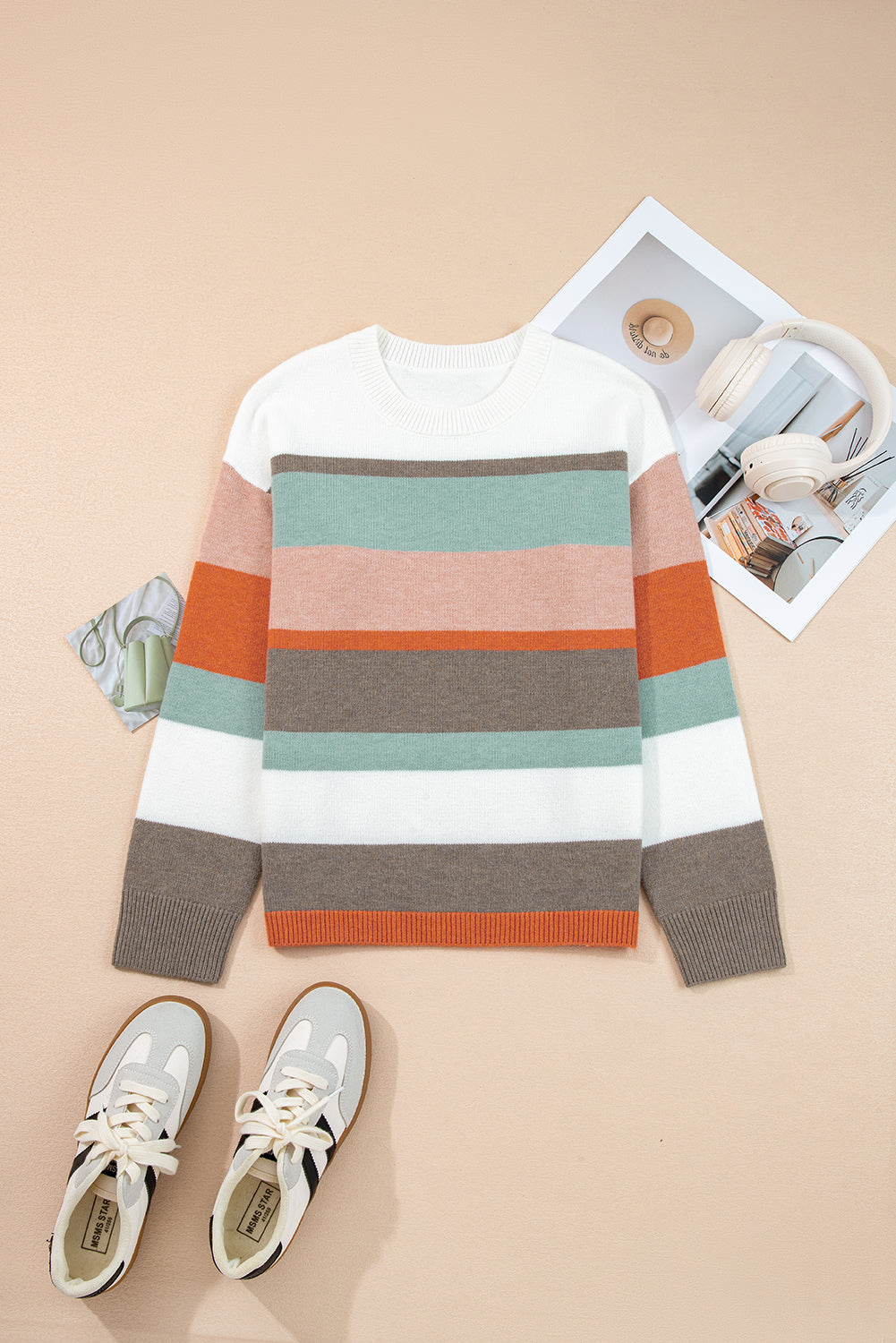 White Striped Color Block Knit Drop Shoulder Sweater-Sweaters & Cardigans/Sweaters-[Adult]-[Female]-2022 Online Blue Zone Planet