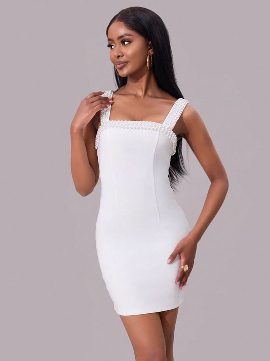 Pearl Detail Square Neck Wide Strap Mini Bodycon Dress-TOPS / DRESSES-[Adult]-[Female]-White-S-2022 Online Blue Zone Planet