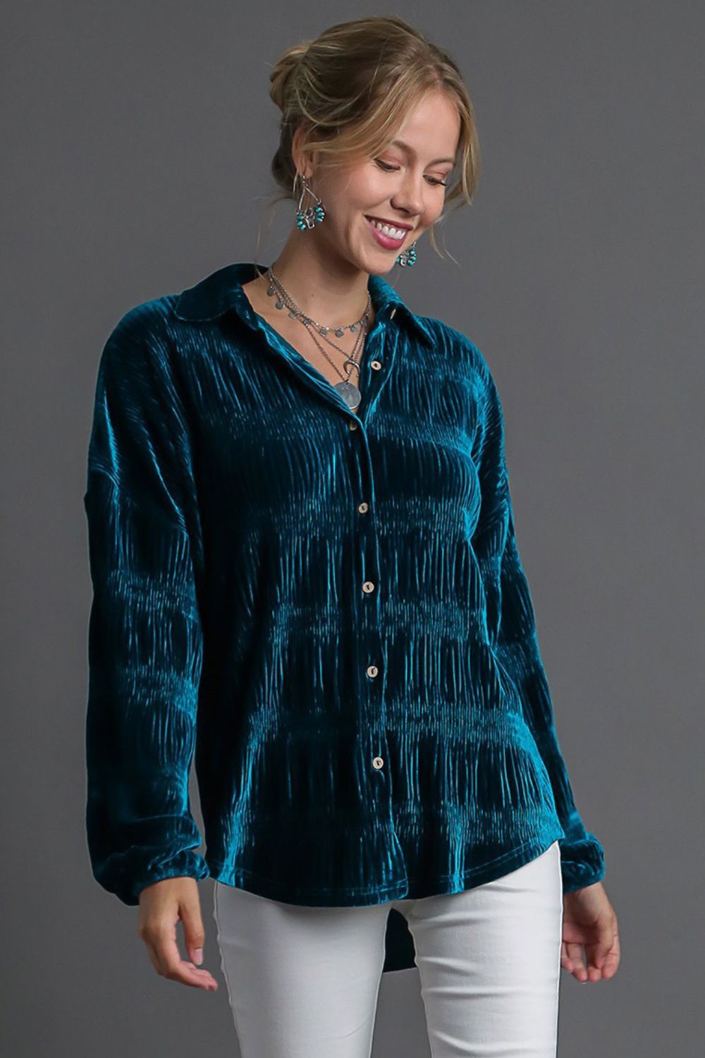 Umgee Ruched Tiered Button Up Shirt-TOPS / DRESSES-[Adult]-[Female]-2022 Online Blue Zone Planet