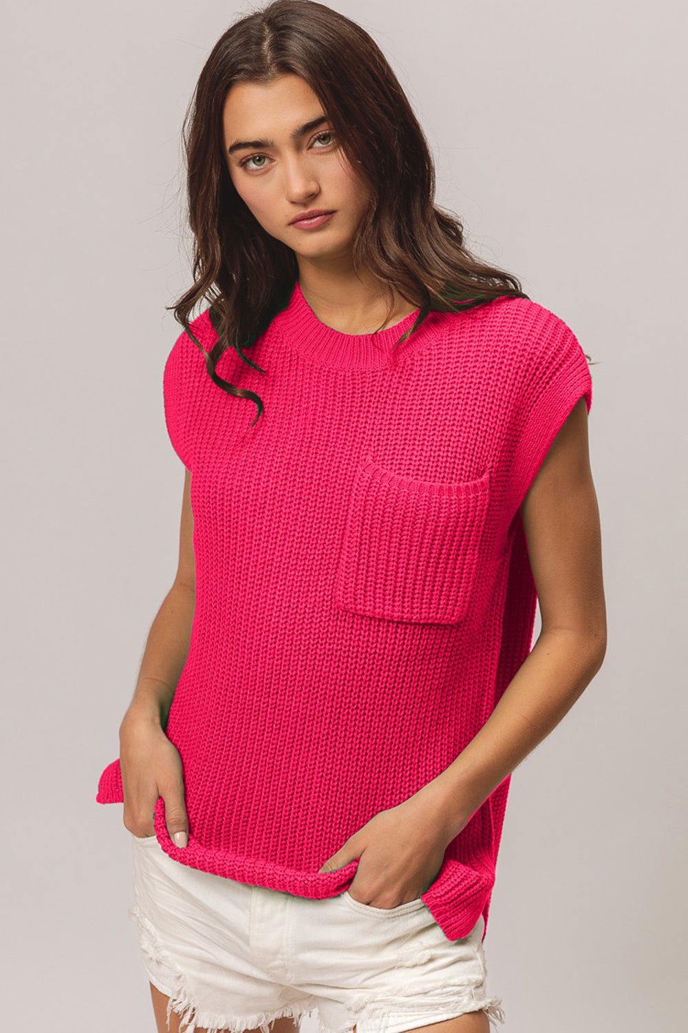 BiBi Patch Pocket Cap Sleeve Sweater Top-TOPS / DRESSES-[Adult]-[Female]-Fuchsia-S-2022 Online Blue Zone Planet