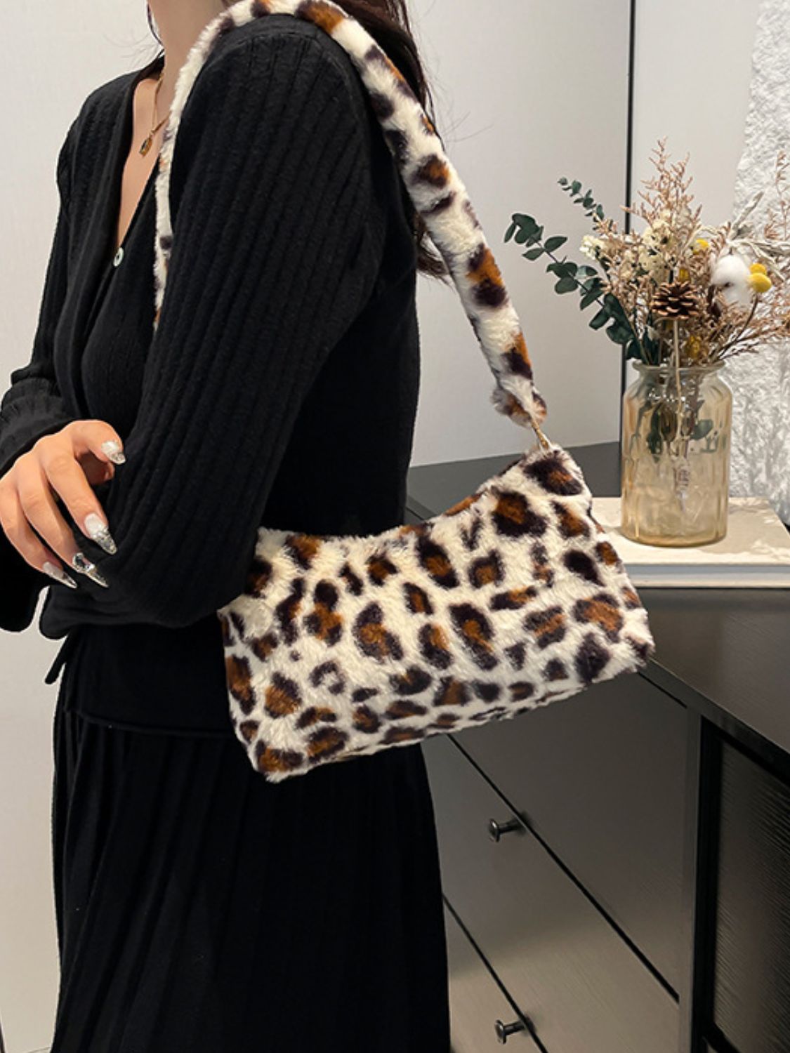 Blue Zone Planet | Leopard Fluff Shoulder Bag-HANDBAGS-[Adult]-[Female]-2022 Online Blue Zone Planet