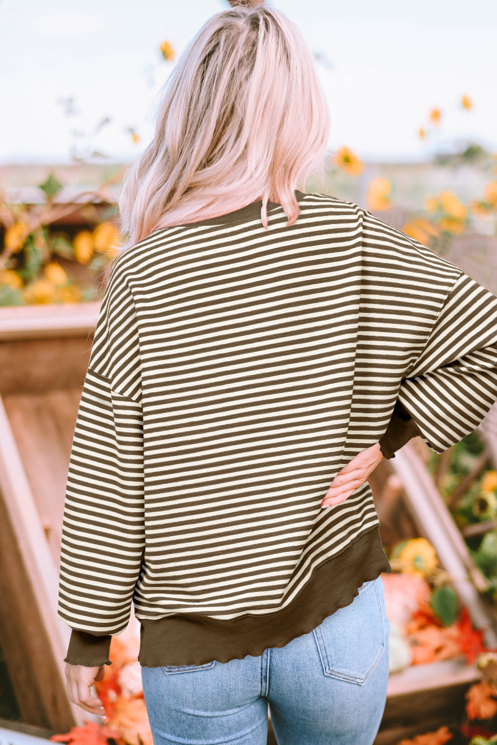 Blue Zone Planet | Brown Stripe Loose Drop Shoulder Long Sleeve Top-Tops/Long Sleeve Tops-[Adult]-[Female]-2022 Online Blue Zone Planet