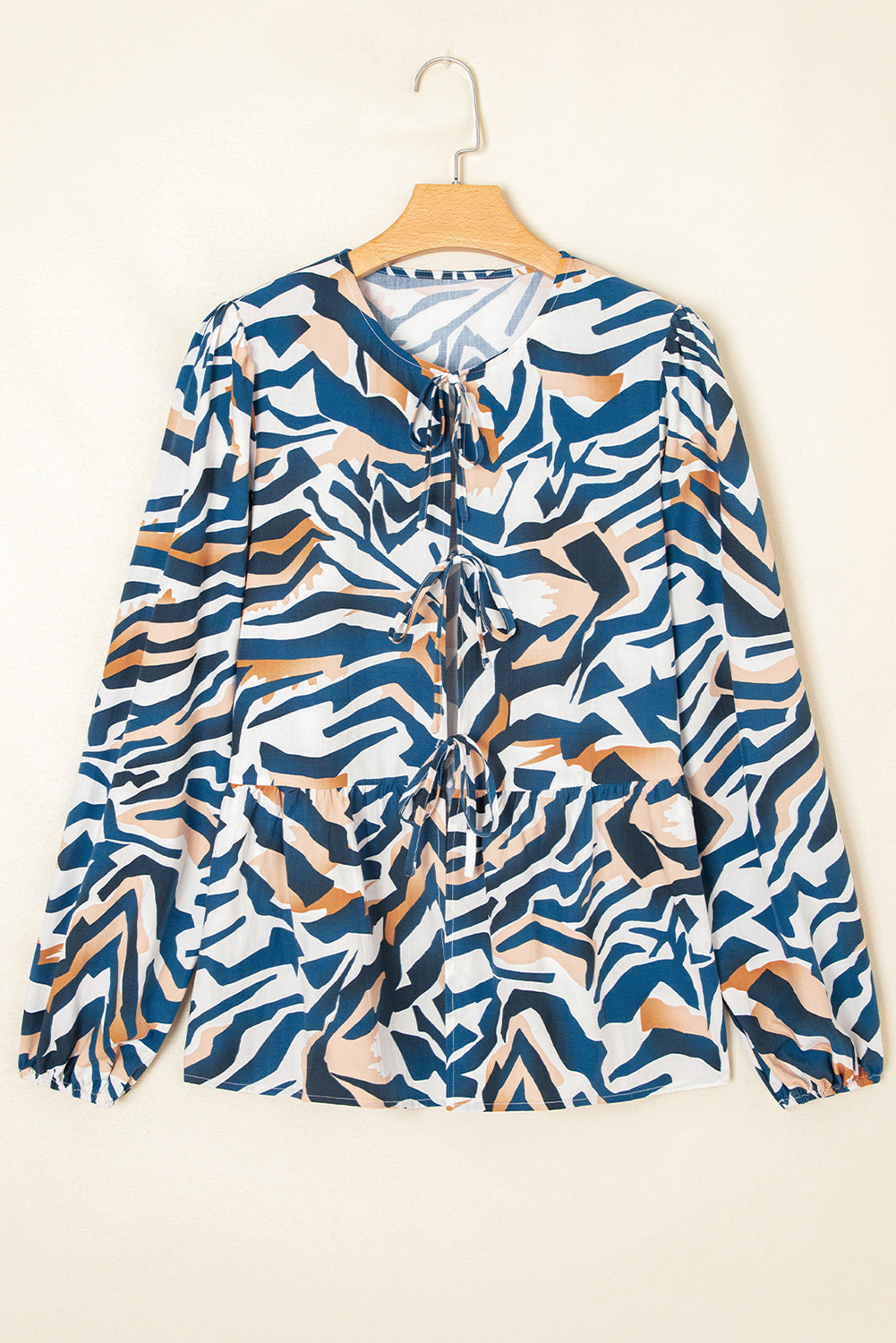 Blue Zebra Print Tied Front Puff Sleeve Top-Tops/Blouses & Shirts-[Adult]-[Female]-2022 Online Blue Zone Planet