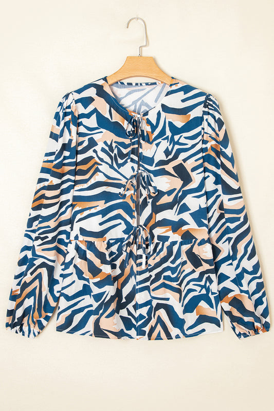 Blue Zebra Print Tied Front Puff Sleeve Top-Tops/Blouses & Shirts-[Adult]-[Female]-2022 Online Blue Zone Planet