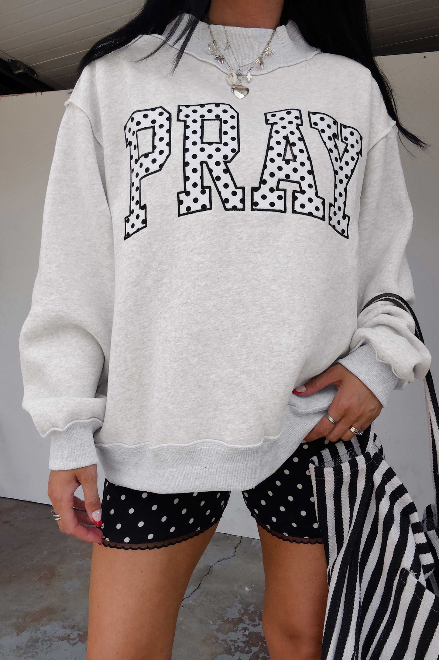 Gray PRAY Polka Dot Embroidered Mock Neck Sweatshirt-Tops/Sweatshirts & Hoodies-[Adult]-[Female]-2022 Online Blue Zone Planet