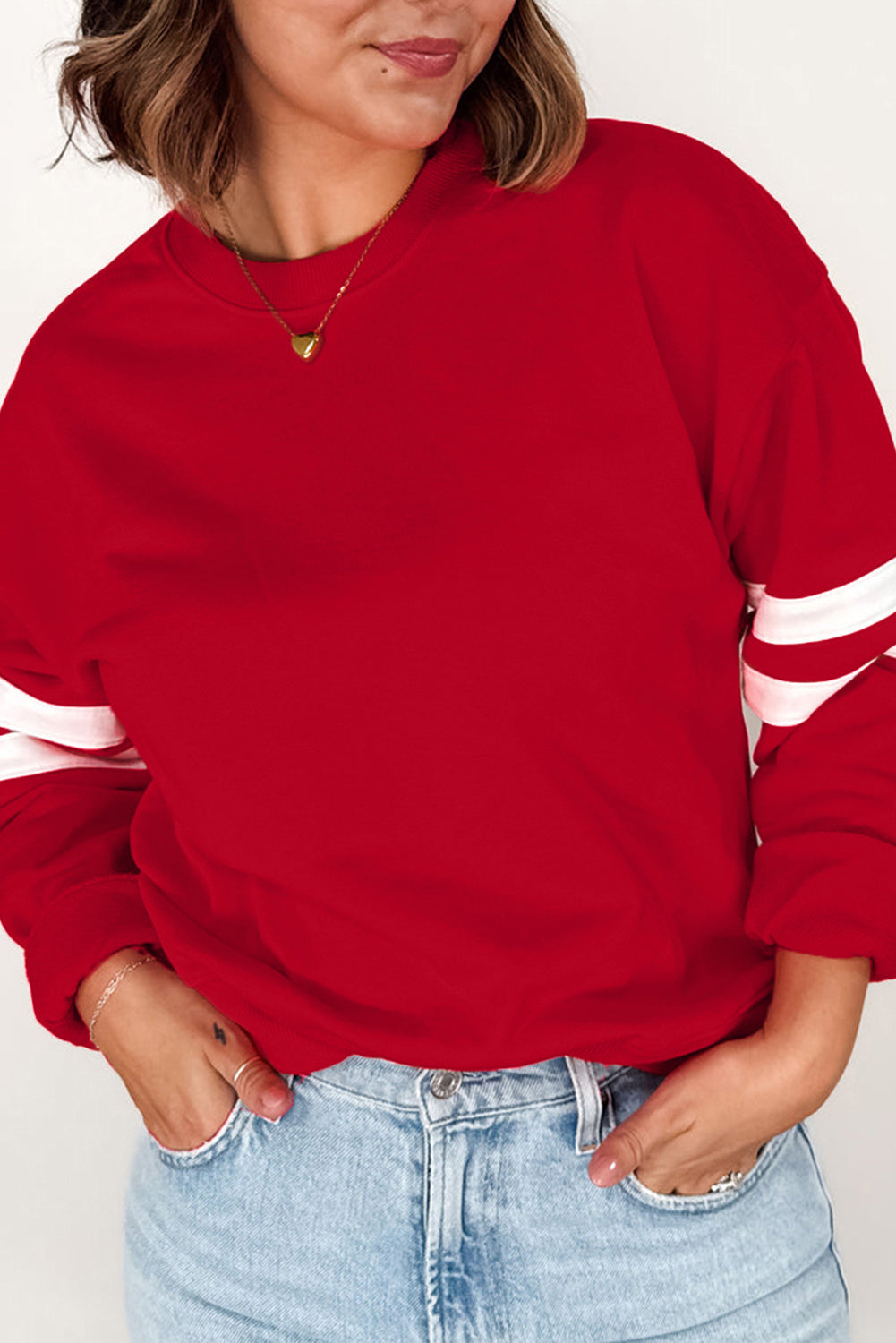 Light Grey Varsity Striped Detail Crew Neck Plus Sweatshirt